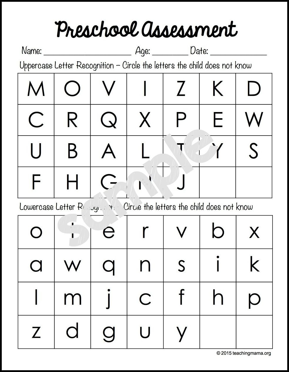 free pre k assessment printables