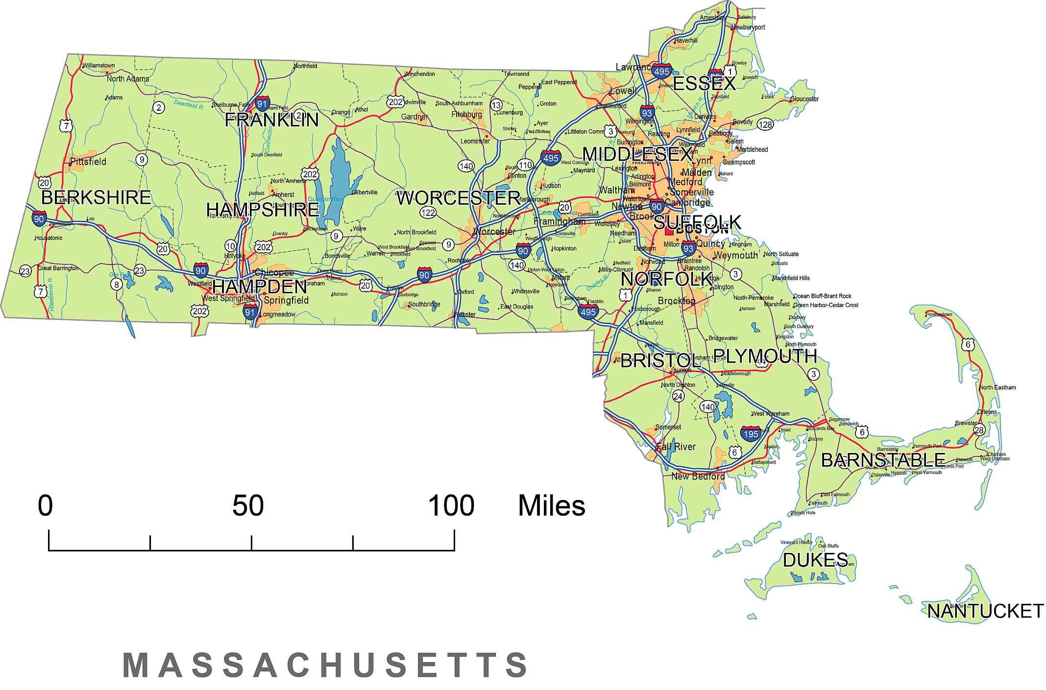 Preview Of Massachusetts State Vector Road Map Printable Vector 