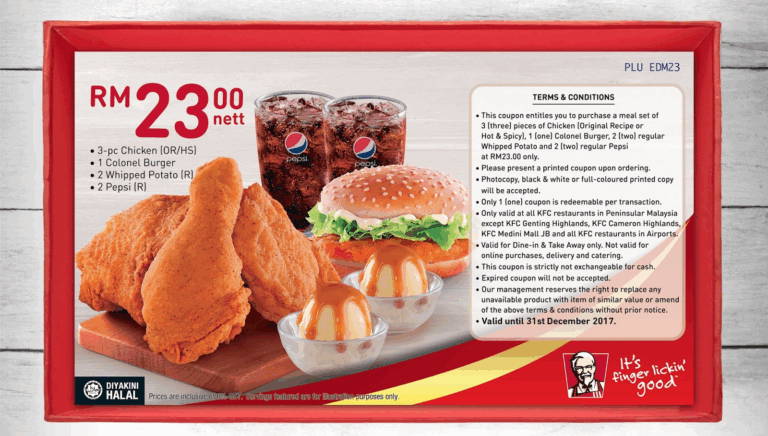 Print Out KFC Coupon Voucher For Discounted RM23 Combo Set Meal Until 31 December 2017 Harga Runtuh Durian Runtuh