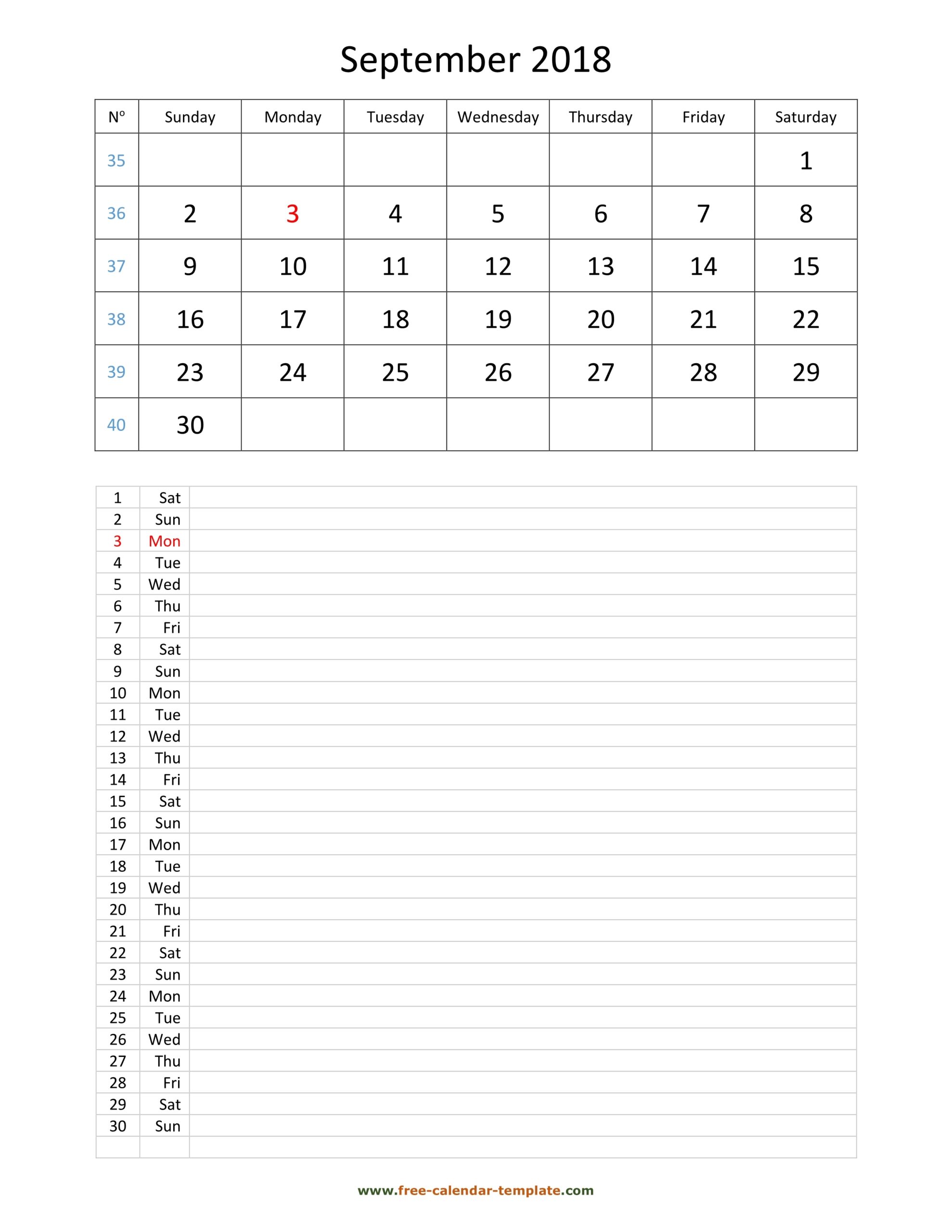 Printable 2018 September Calendar Grid Lines For Daily Notes vertical Free calendar template