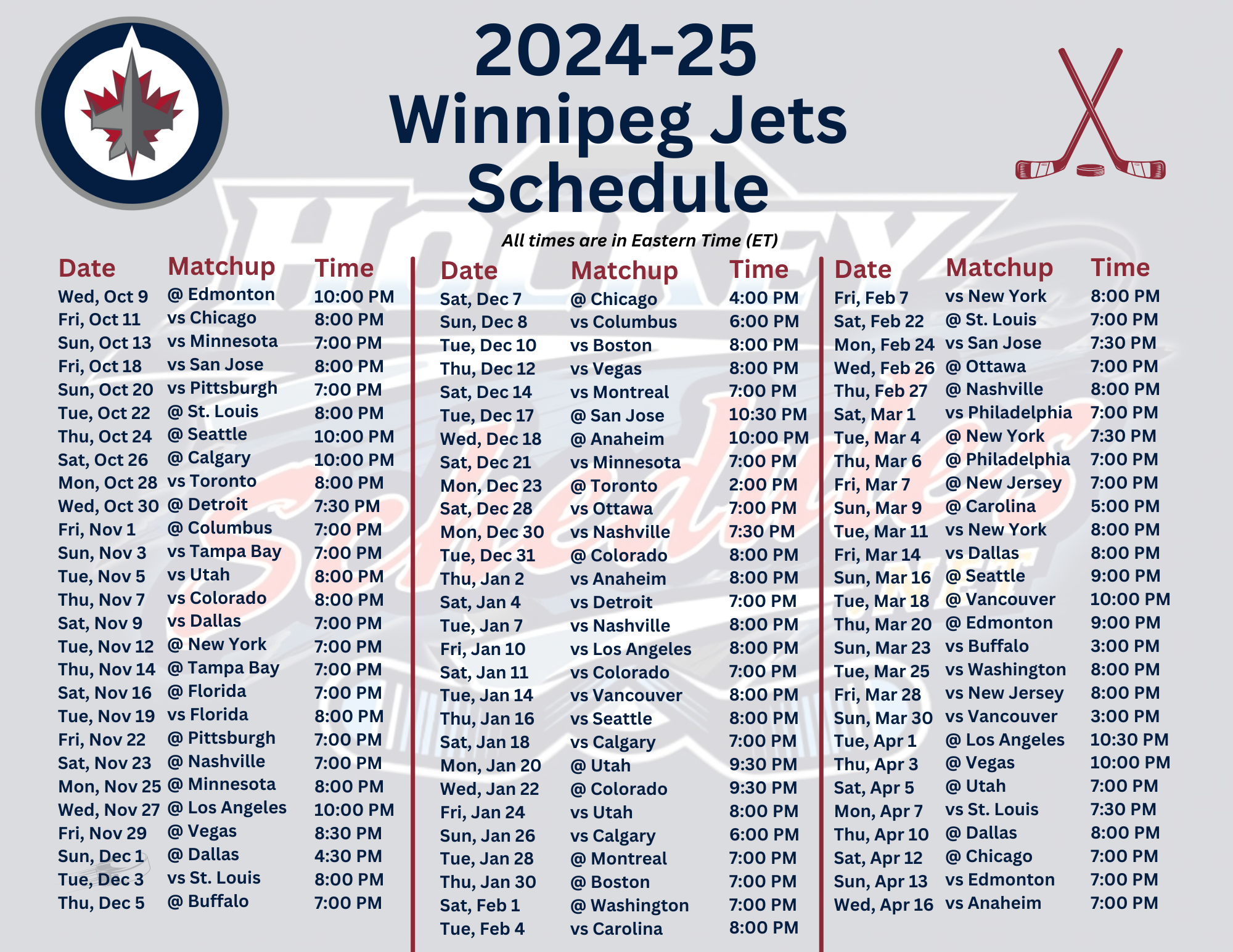 Printable 2024 25 Winnipeg Jets Schedule Matchups PDF Format Hockey Schedules