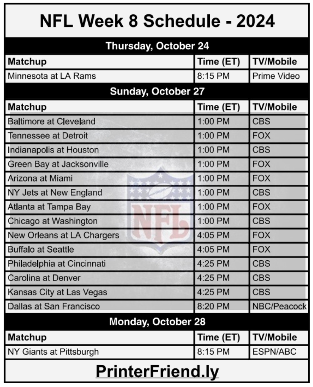 Printable 2024 NFL Week 8 Schedule PDF Archives Printerfriendly