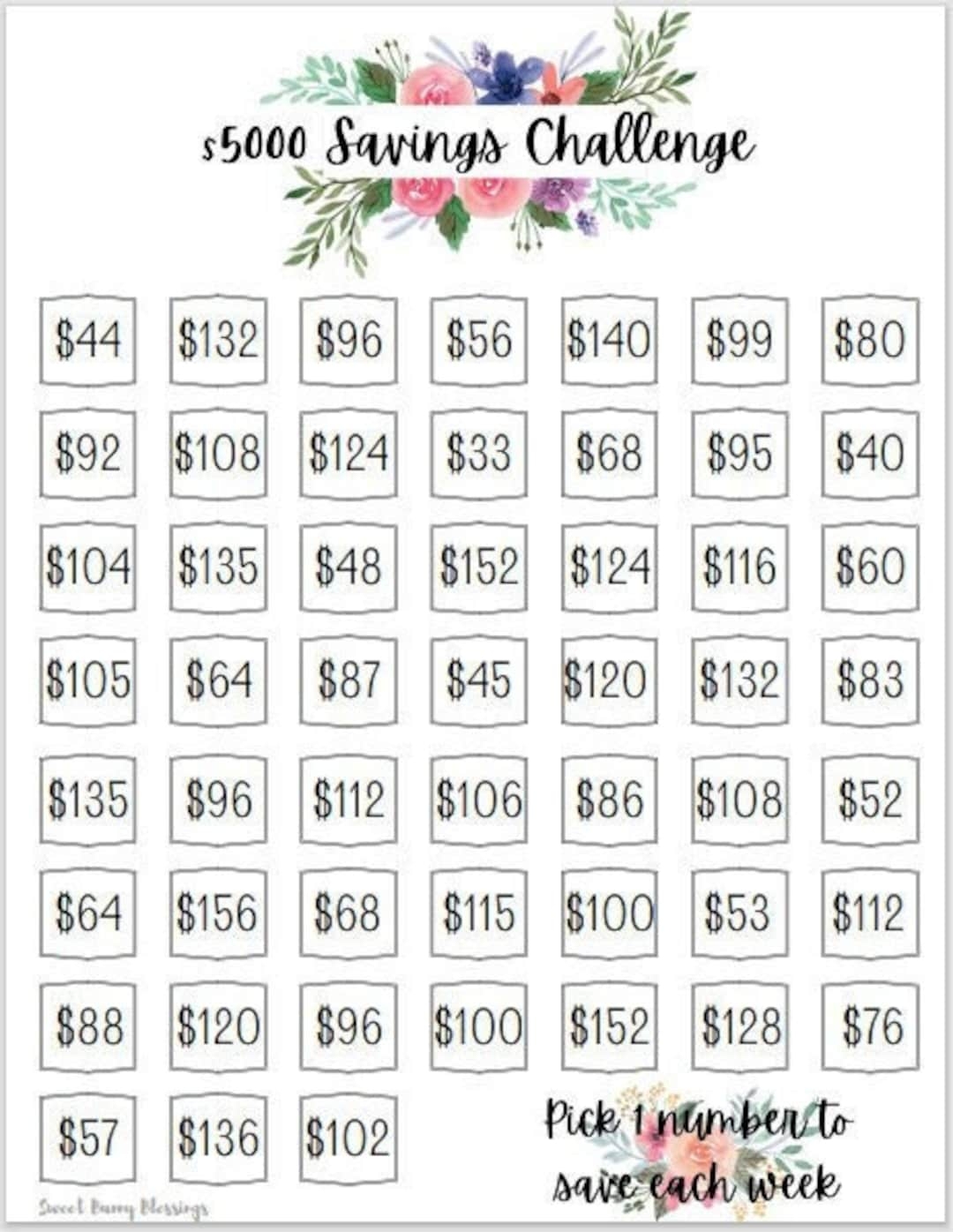 Printable 5 000 Dollar Savings Challenge Tracker Save 5 000 Dollars In 1 Year Savings Goal Money Challenge Savings Challenge Digital Etsy