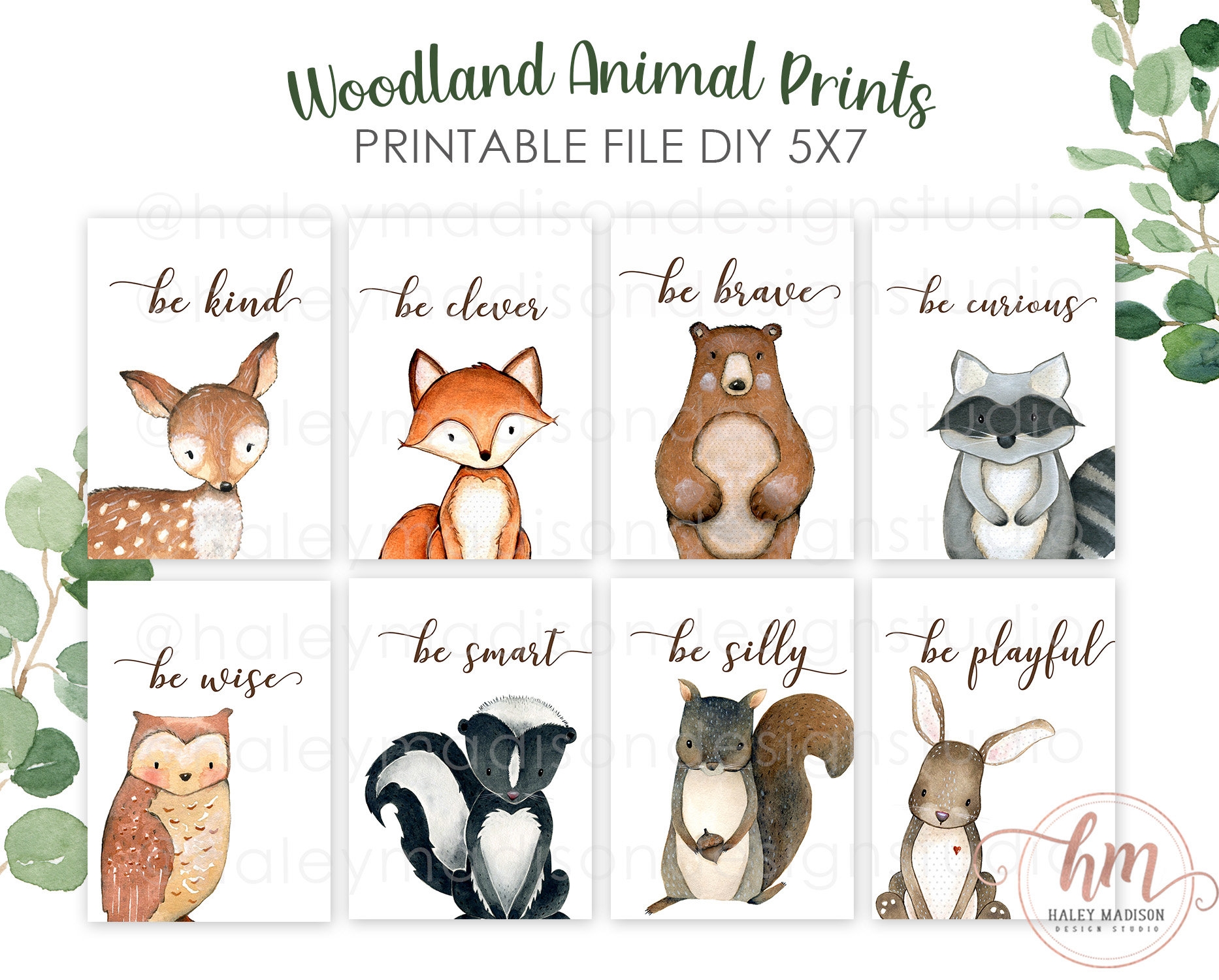 PRINTABLE 5X7 Woodland Animal Signs Set Of 8 Woodland Nursery Signs Woodland Nursery Prints Woodland Animals Woodland Nursery Art Print