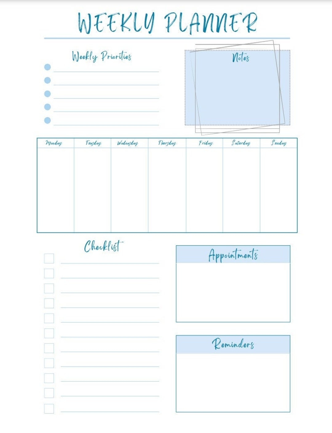 Printable 7 Day Weekly Planner Template Digital 7 Day Weekly Planner Sunday To Saturday Etsy
