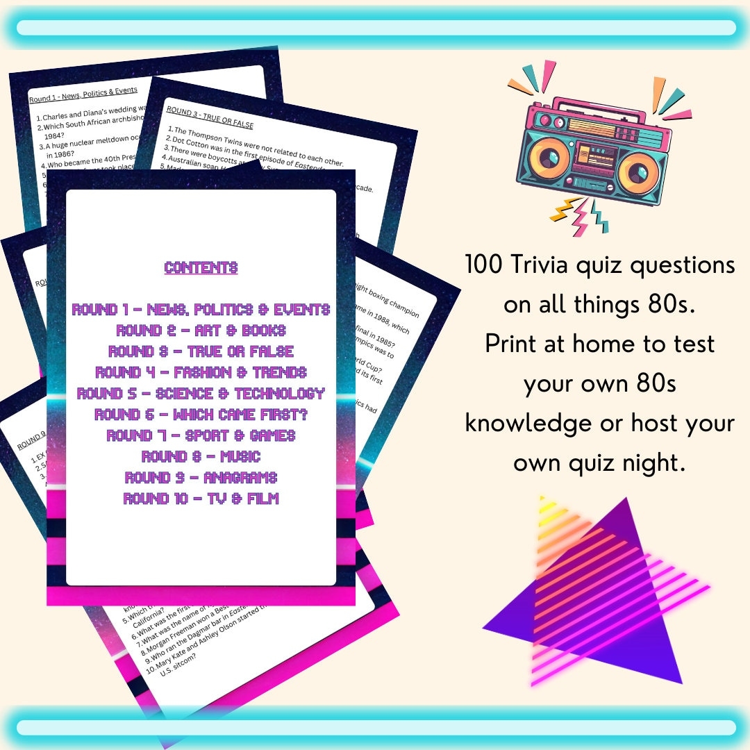 Printable 80s Trivia Quiz 100 Questions PDF Digital Download 
