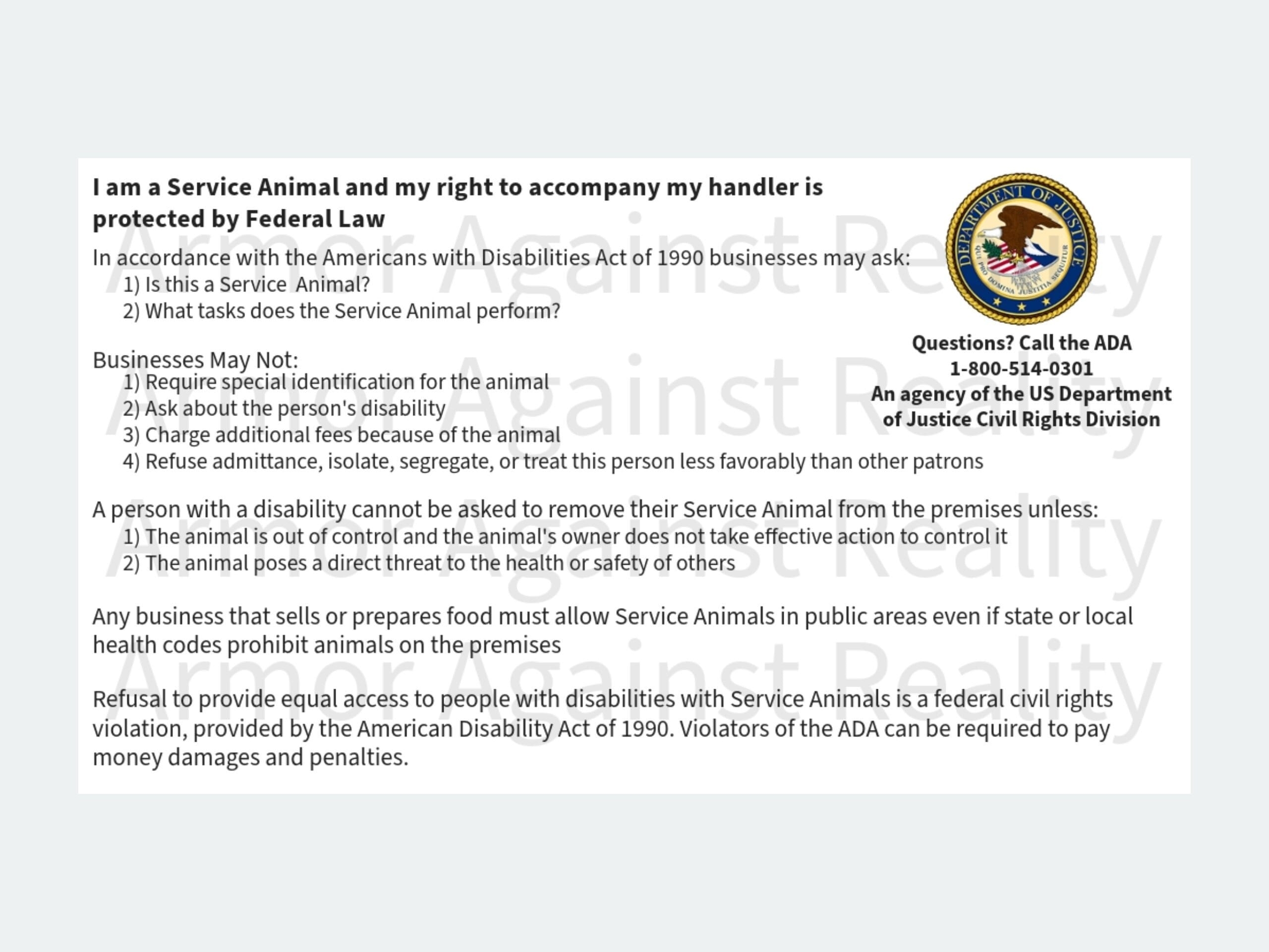 Printable ADA Service Dog Rights Card PDF Download Etsy