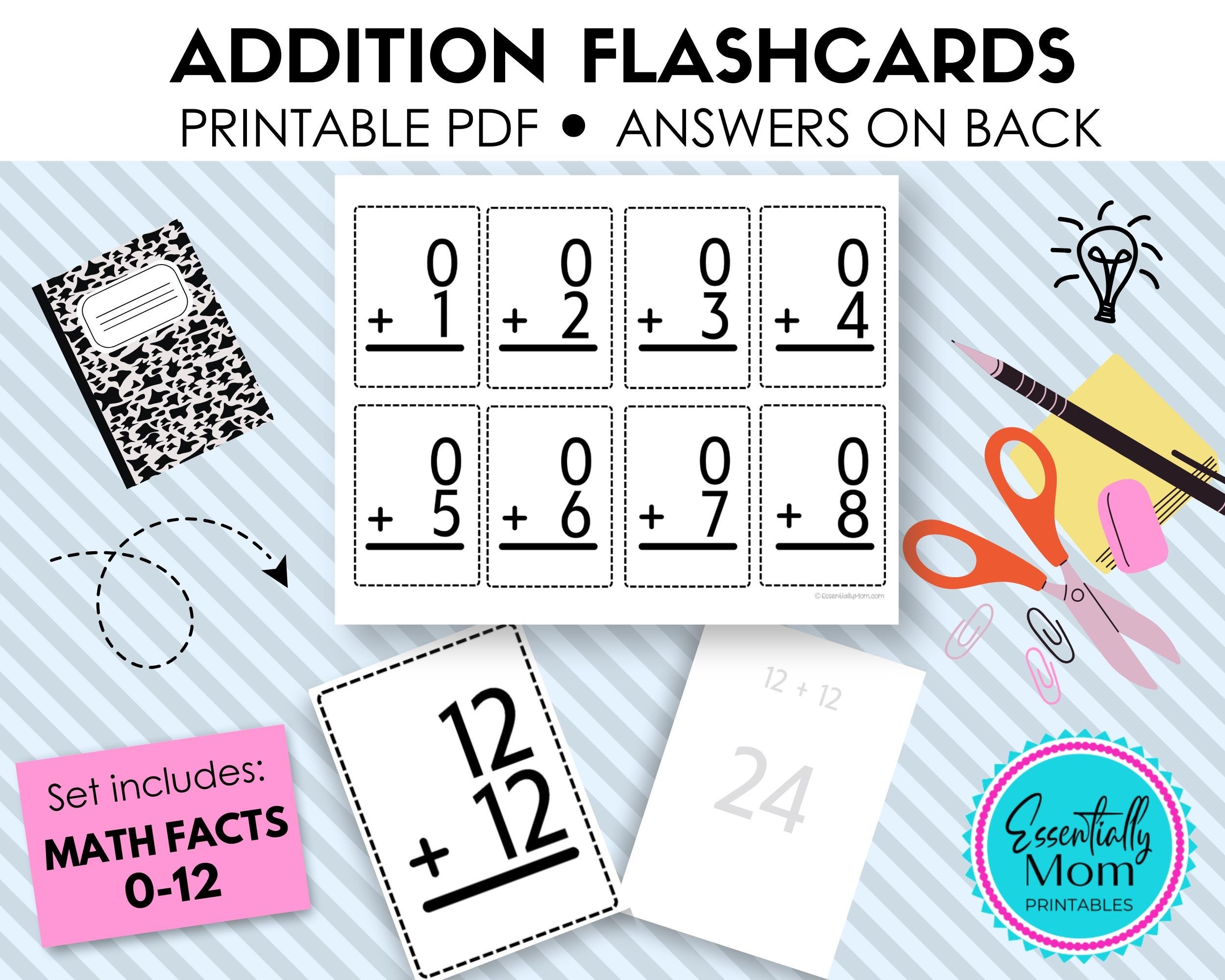 Printable Addition Flashcards 0 12 with Answers On Back Addition Flashcard Printables Printable Addition Flash Cards PDF Addition Facts Etsy