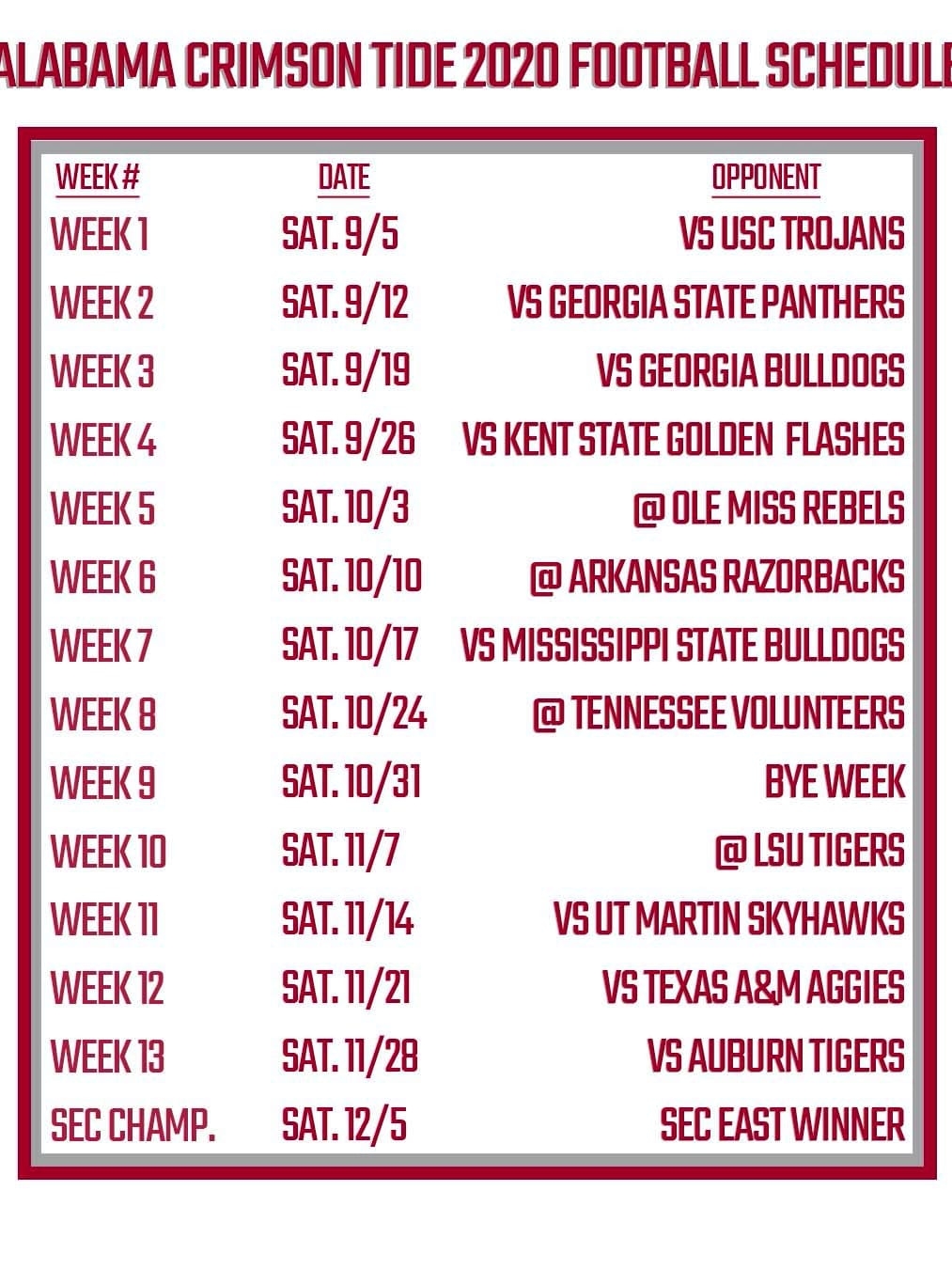 Printable Alabama Football Schedule 2020 FanDuel Research Printable Alabama Football Schedule 2020 FanDuel Research