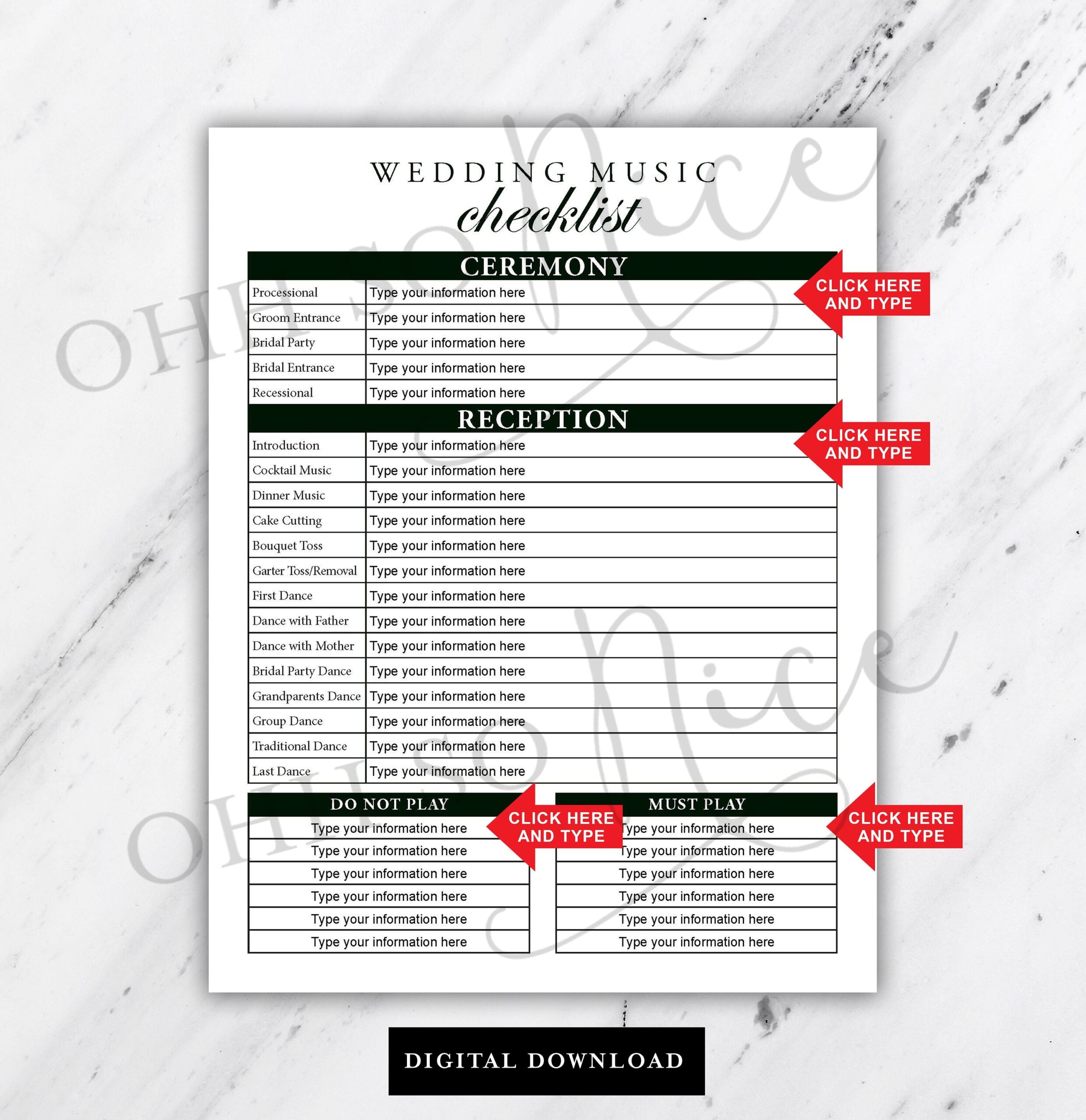 Printable And Fillable Wedding Music List For Ceremony And Reception Or DJ Edit In Adobe PDF Etsy