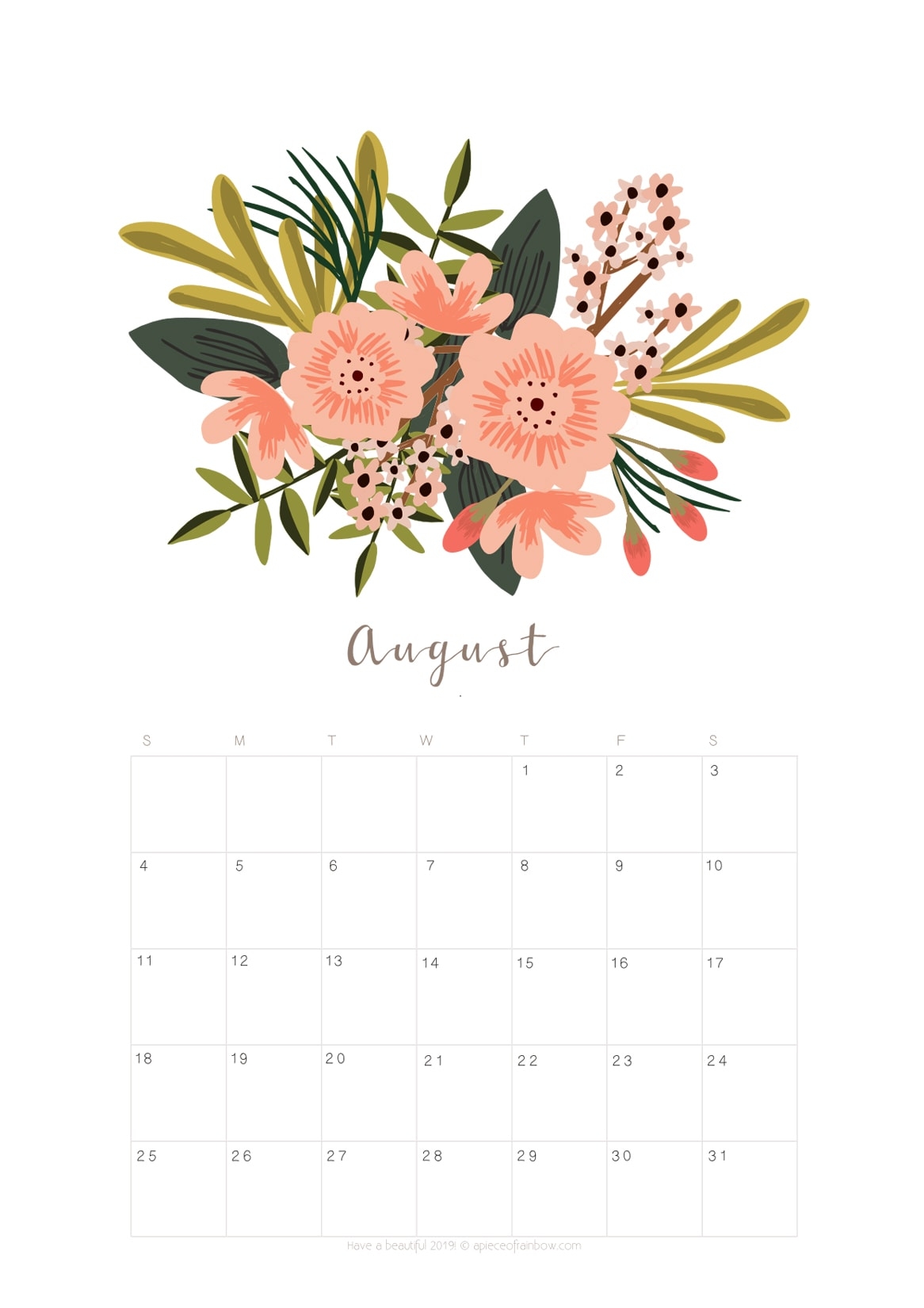 Printable August 2019 Calendar Monthly Planner 2 Designs Flowers U0026 Modern A Piece Of Rainbow