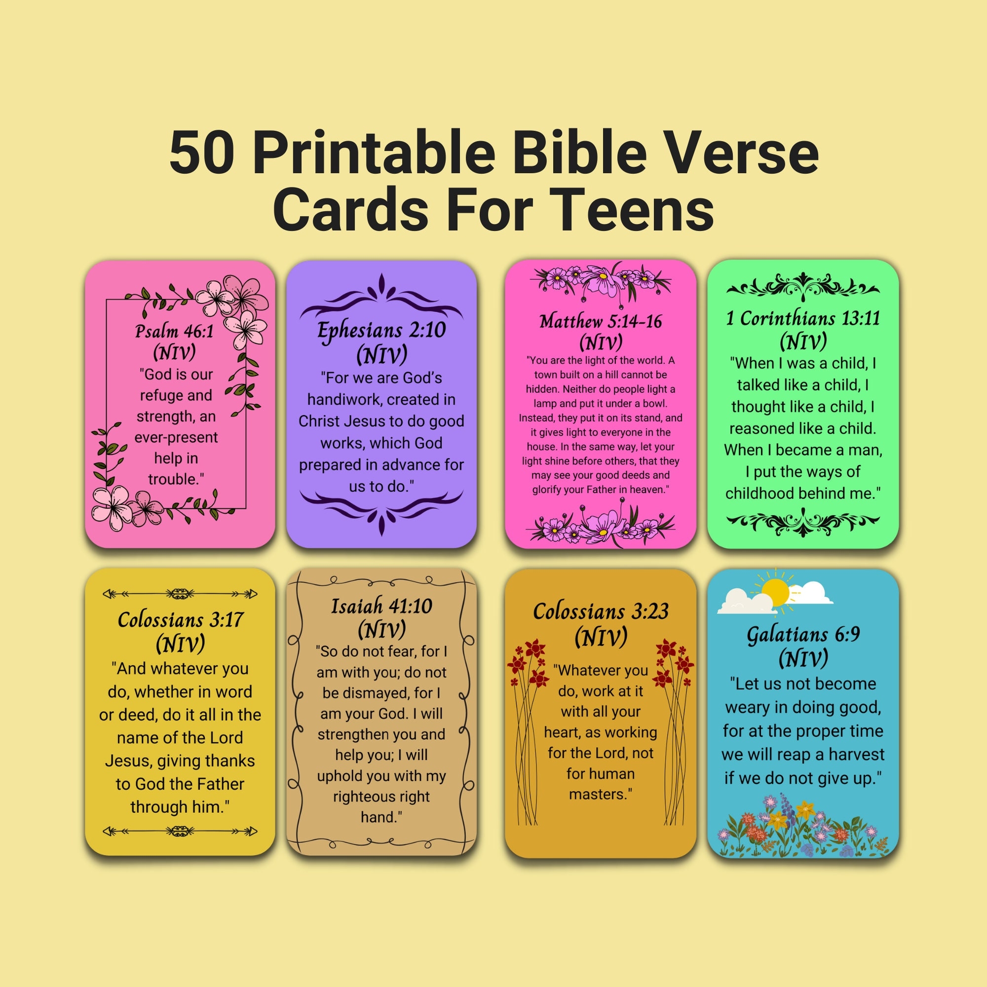Printable Bible Verse Cards For Teens Bible Study Tools Memory Verse Flash Cards Colorful Bible Affirmations Christian Gift For Teenager Etsy