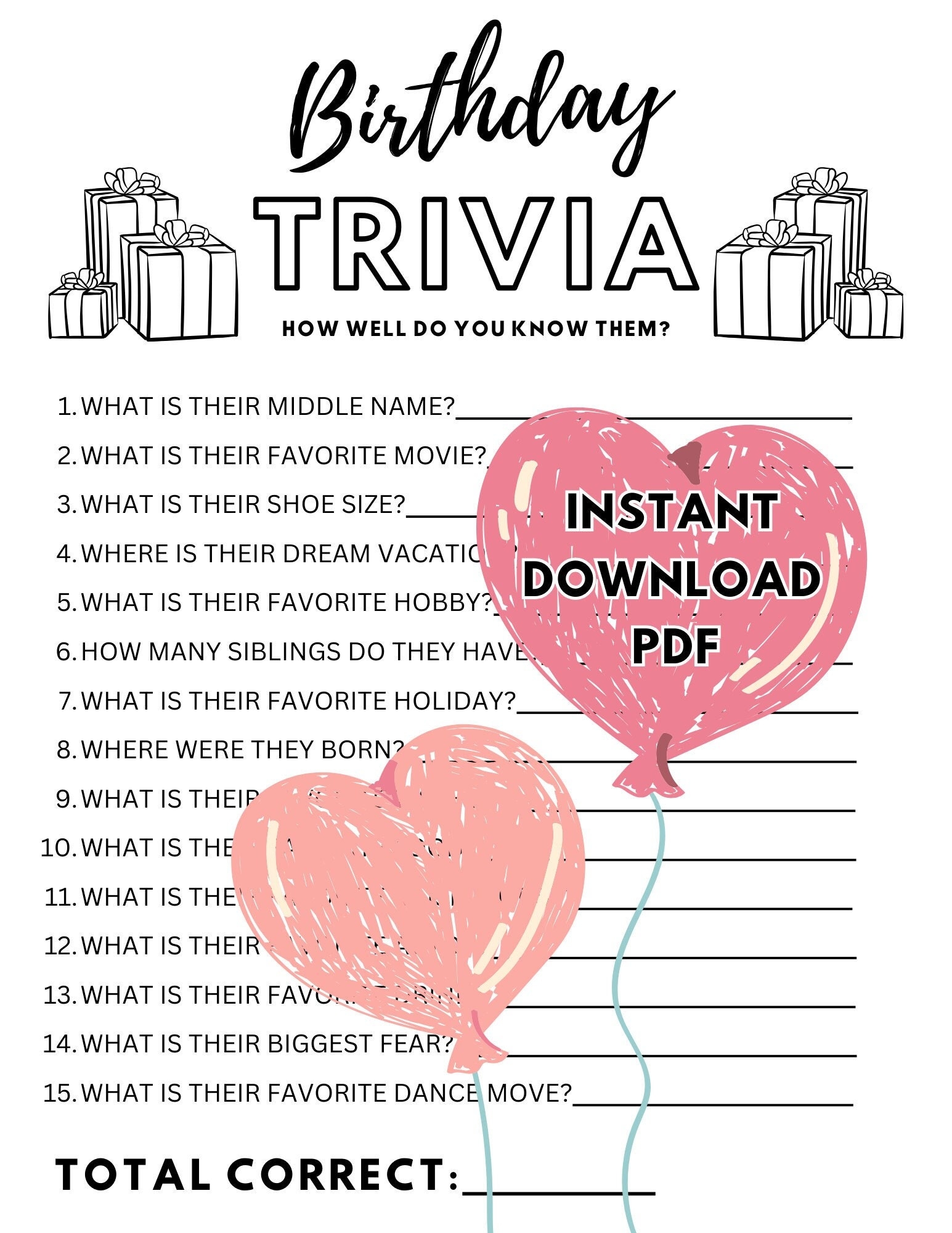 Printable Birthday Party Trivia Game Conversation Starter Party Starter Questions EASY Instant Download NOW Etsy