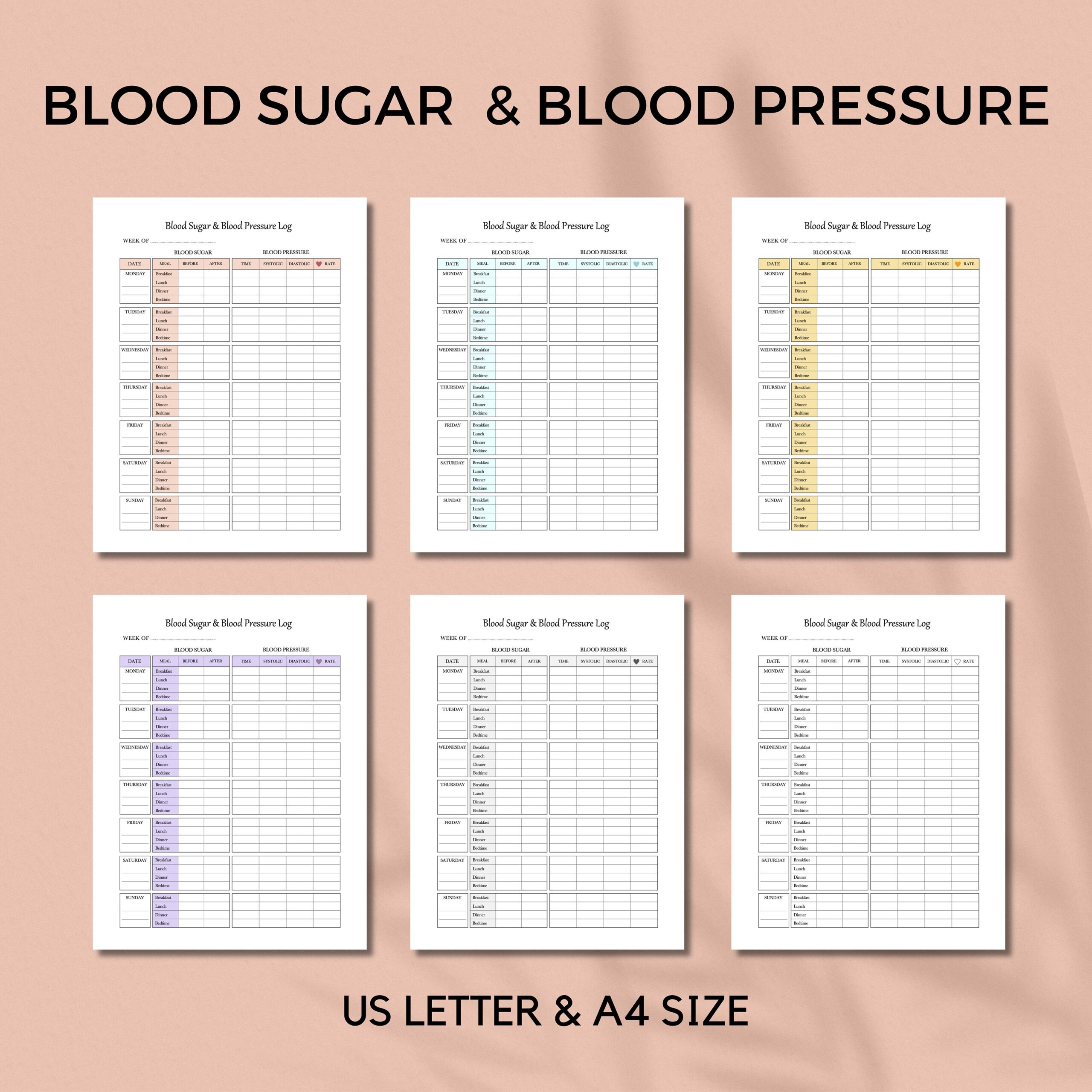 Printable Blood Sugar And Blood Pressure Tracker Daily Weekly Blood Sugar And Blood Pressure Log Book US Letter Size And A4