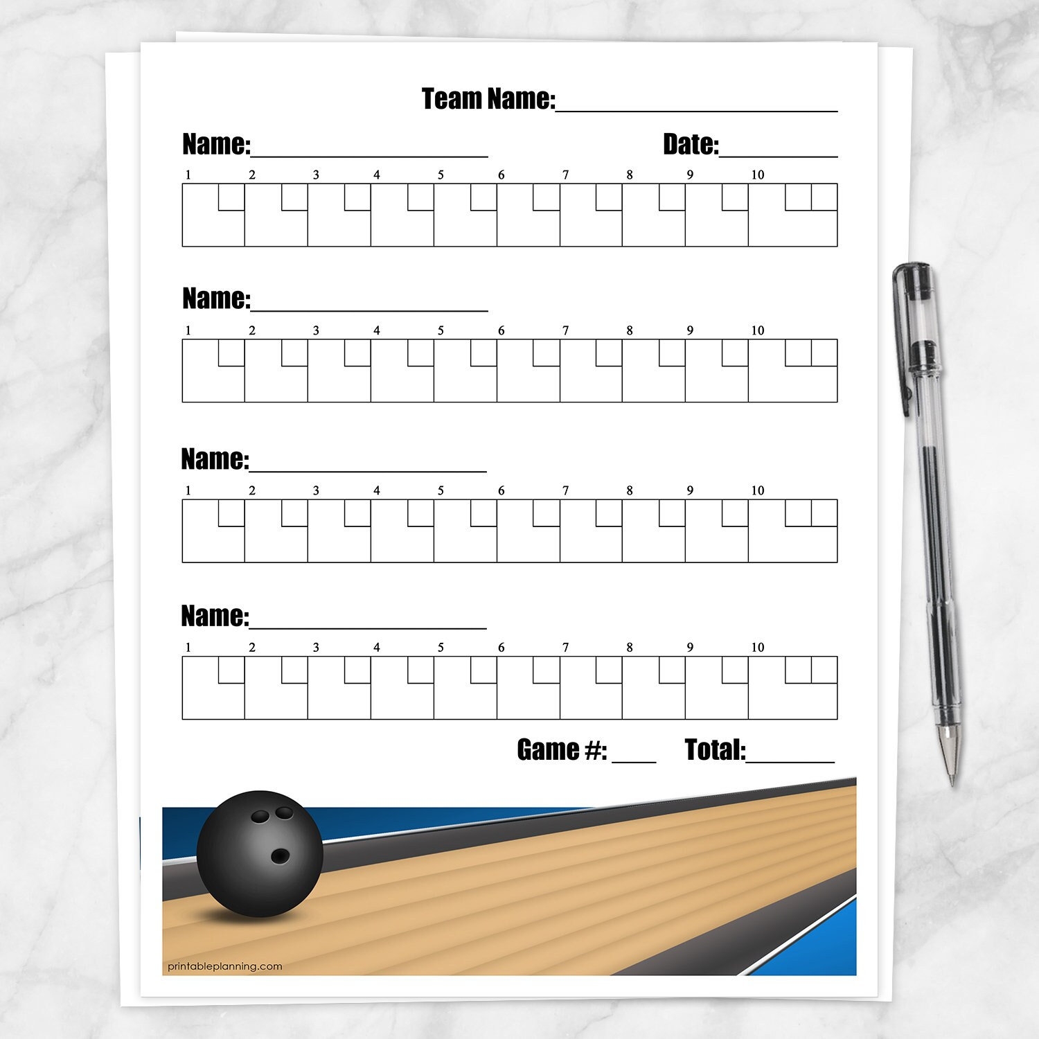 Printable Bowling Score Sheet Team Bowling Score Tracking Blue With Bowling Ball Design For Up To 4 Bowlers PDF Instant Download