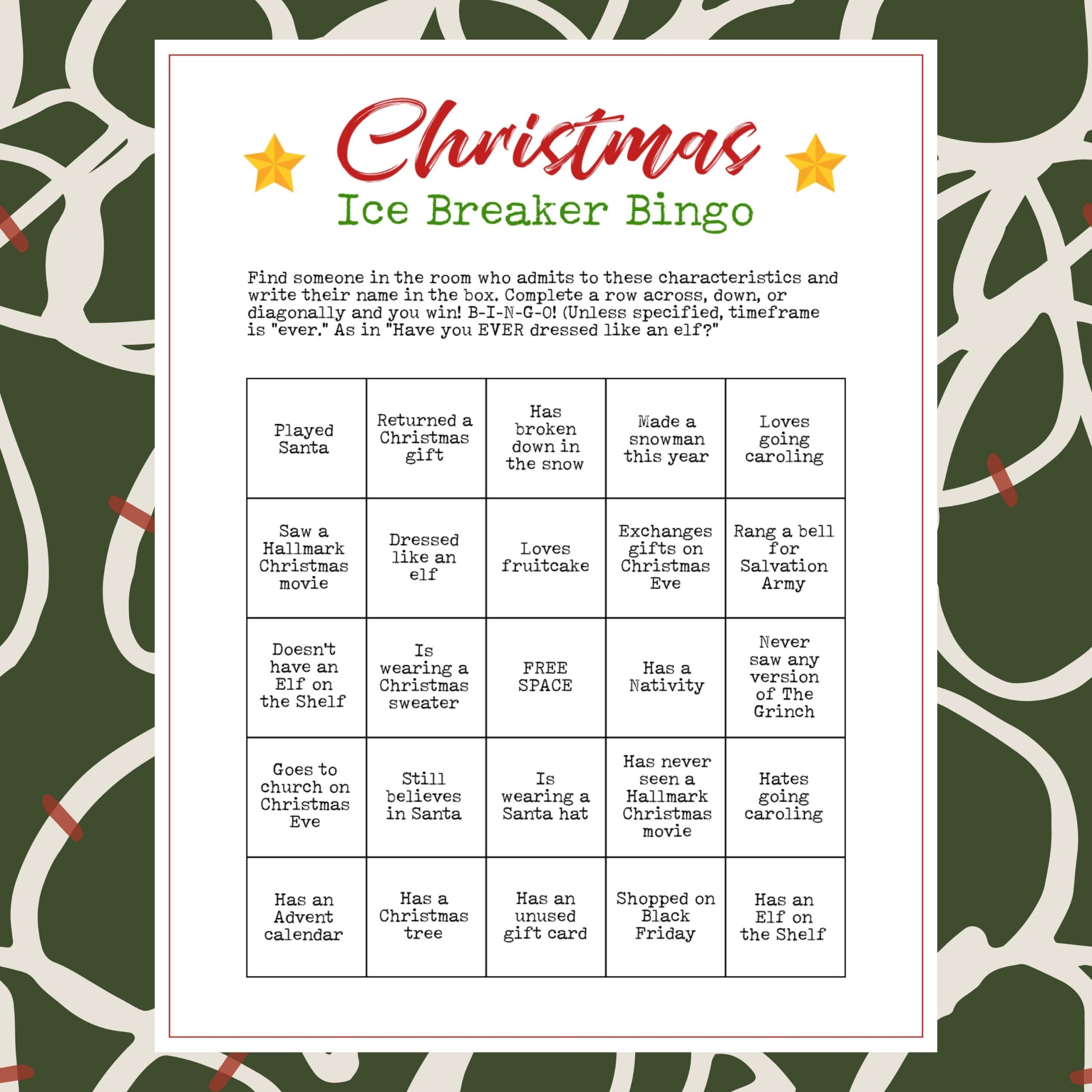 Printable Christmas Party Ice Breaker Game Human Bingo Cards Get 