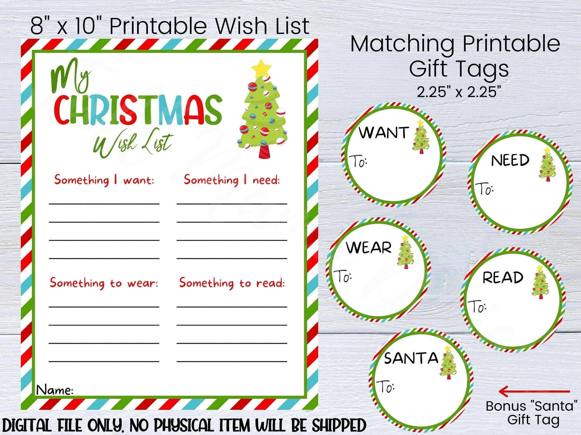Printable Christmas Wish List Secret Santa Digital Download Want Need Wear Read List Dear Santa Letter Printable Christmas Gift Tags Etsy