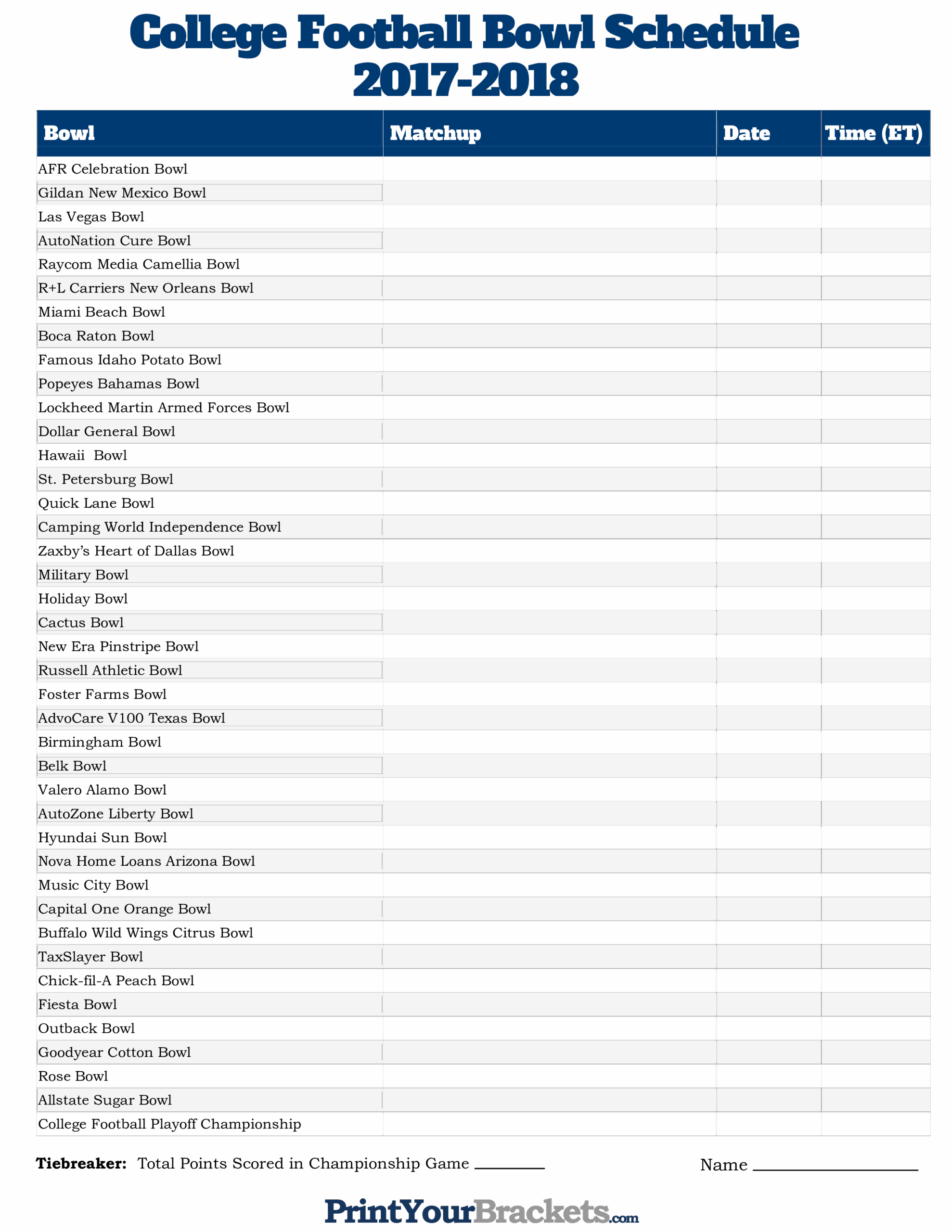 Printable College Football Bowl Schedule Templates At 
