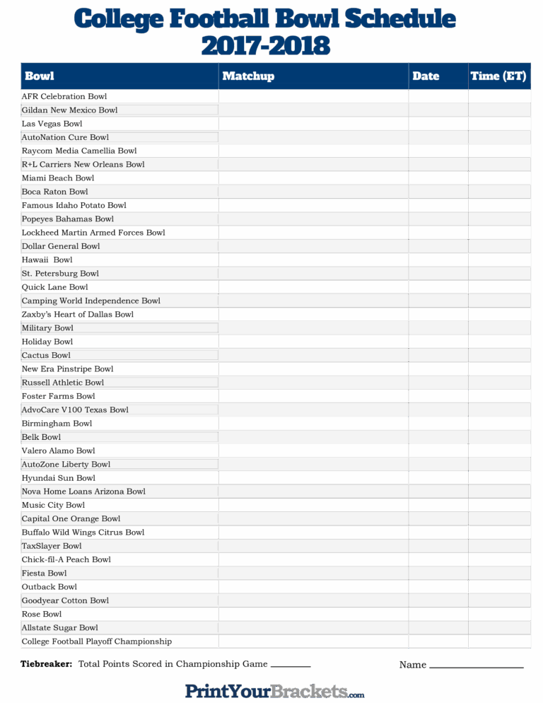 Printable College Football Bowl Schedule Templates At 