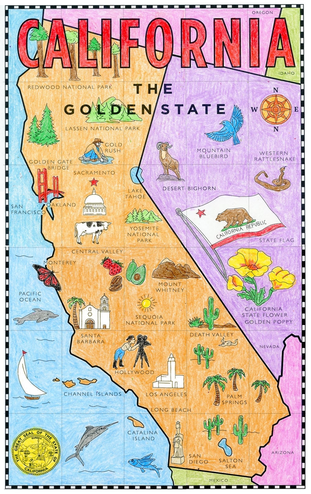 Printable Coloring Map Of California For Kids With Landmarks