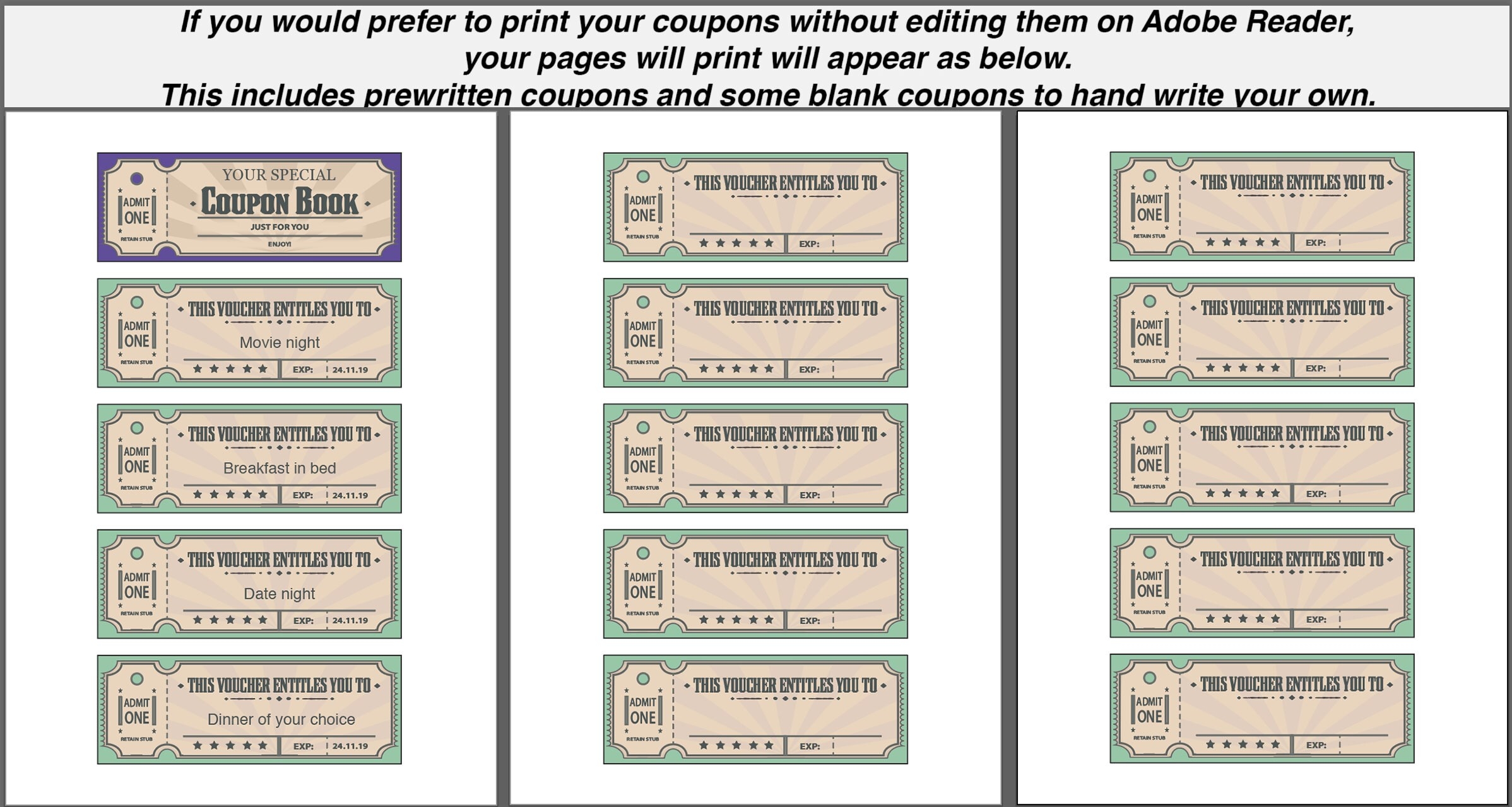 Printable Coupons retro Tickets editable PDF Instant Download Etsy