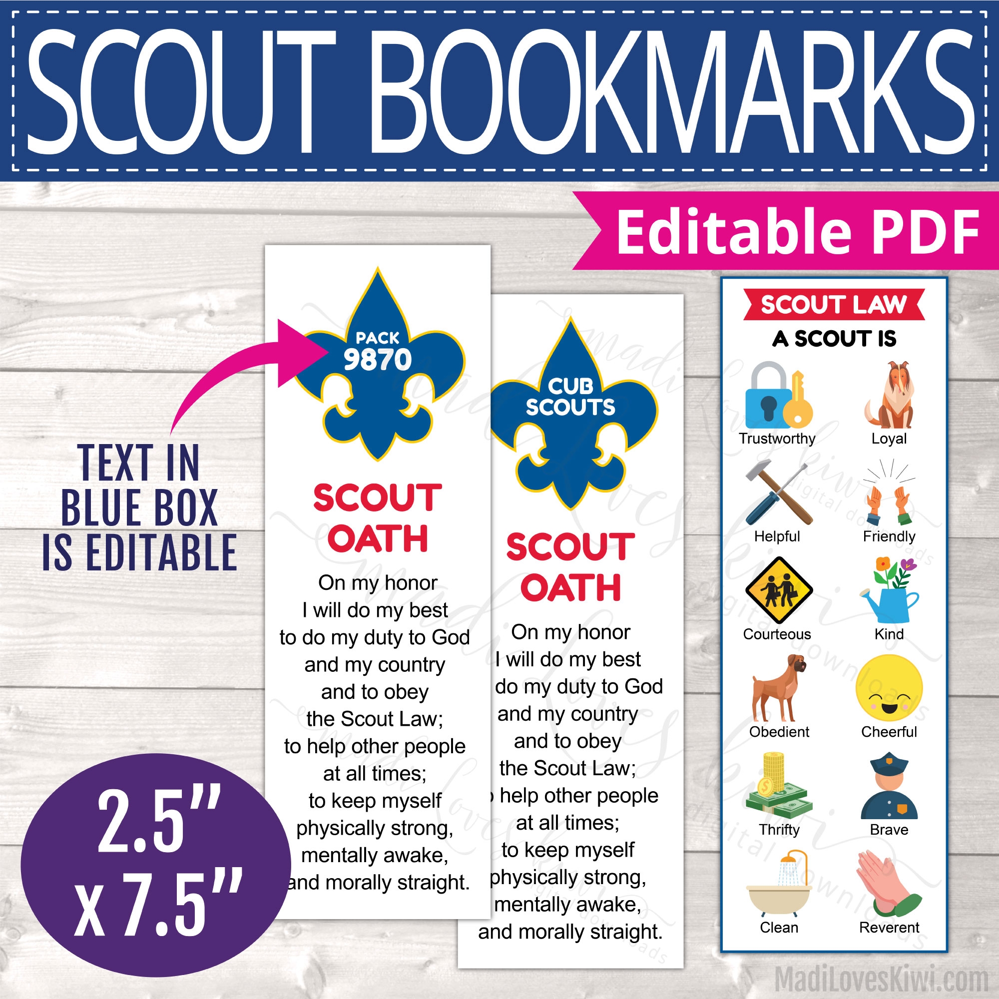 Printable Cub Scout Oath And Law Bookmark Editable BSA Meeting PDF Template Boy Scouting Madi Loves Kiwi Digital Downloads