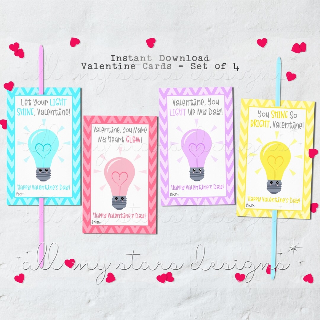 PRINTABLE Cute Lightbulb Valentines Set Of 4 Instant Download Glowstick Cards Shine Bright Kid s Class Valentine Card Set Etsy