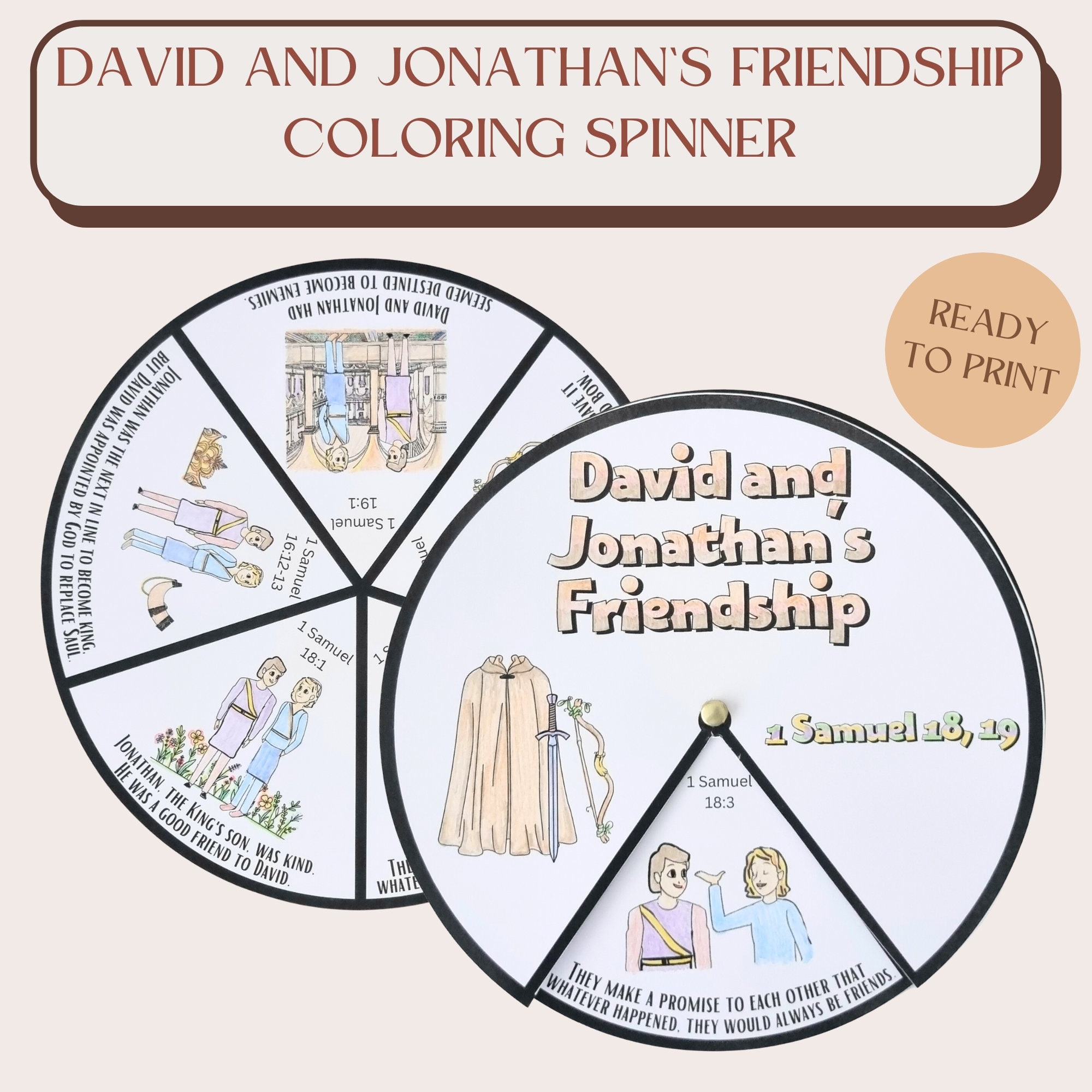 Printable David And Jonathan s Friendship Coloring Spinner Wheel Sunday School Craft Kids Ministry Bible Activity Homeschool Project Etsy
