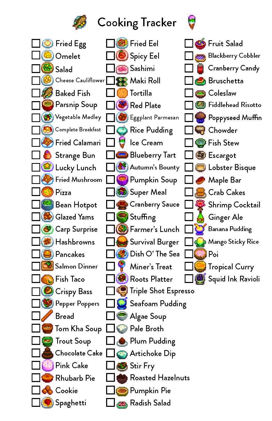 Printable Digital File Stardew Valley Tracker Cooking Collection Order Etsy UK