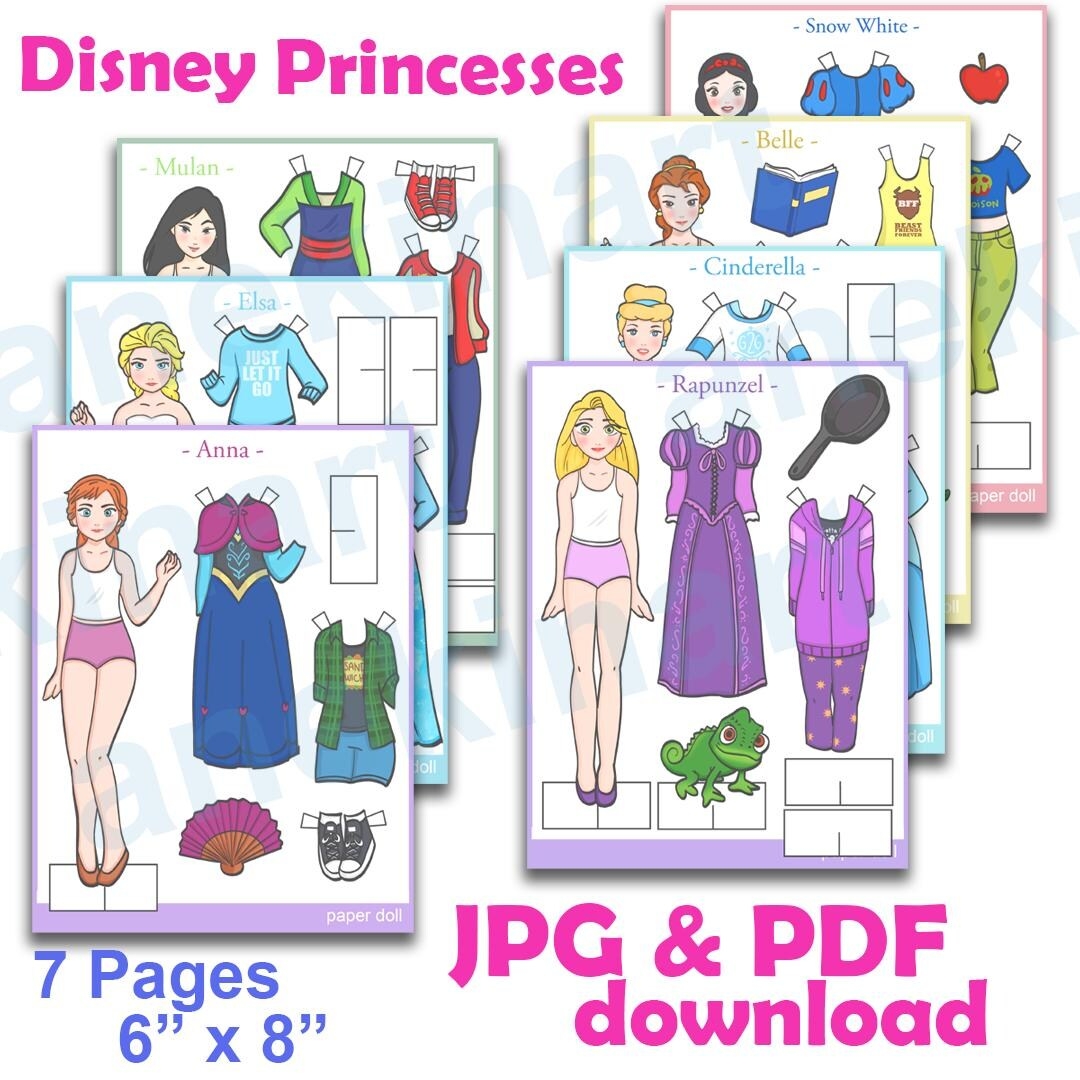 Printable Disney Paper Dolls Disney Princesses Paper Dolls dress Up Paper Doll Princess Inspired Kids Toys Instant Digital Download Etsy