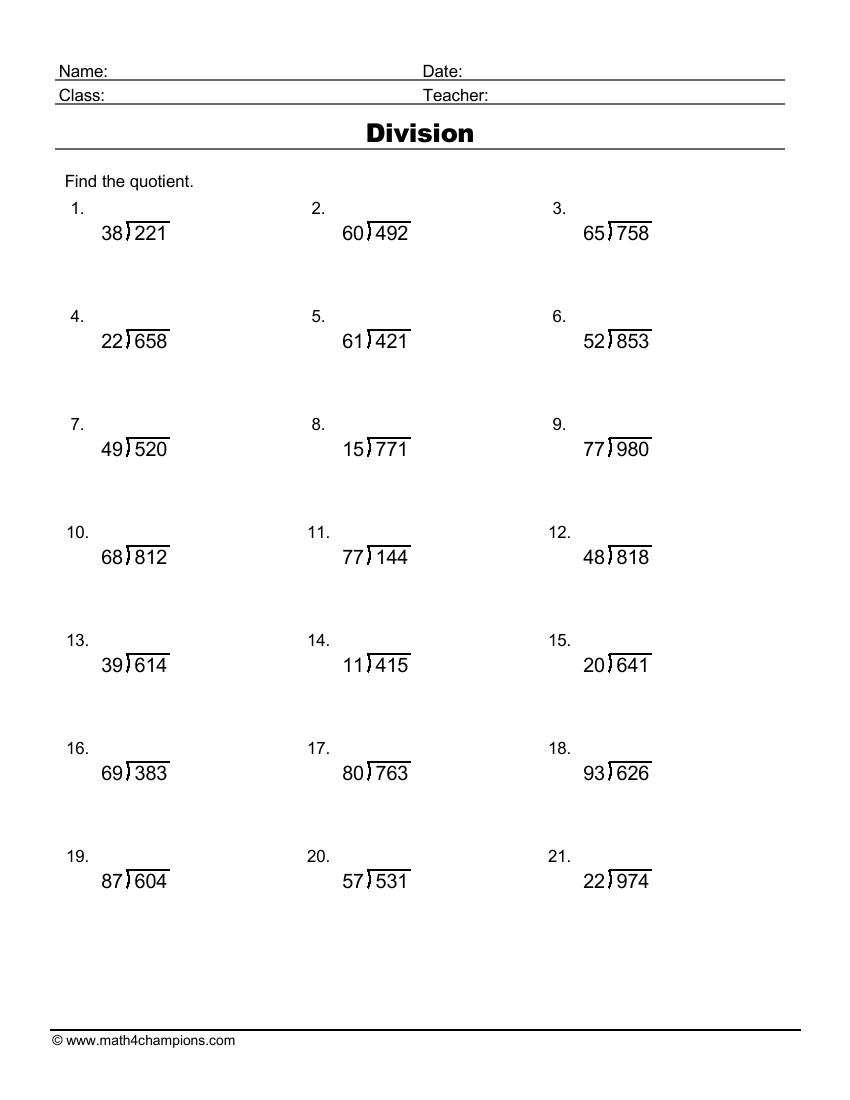 Printable Division Worksheets For Teachers Math Champions Worksheets Library