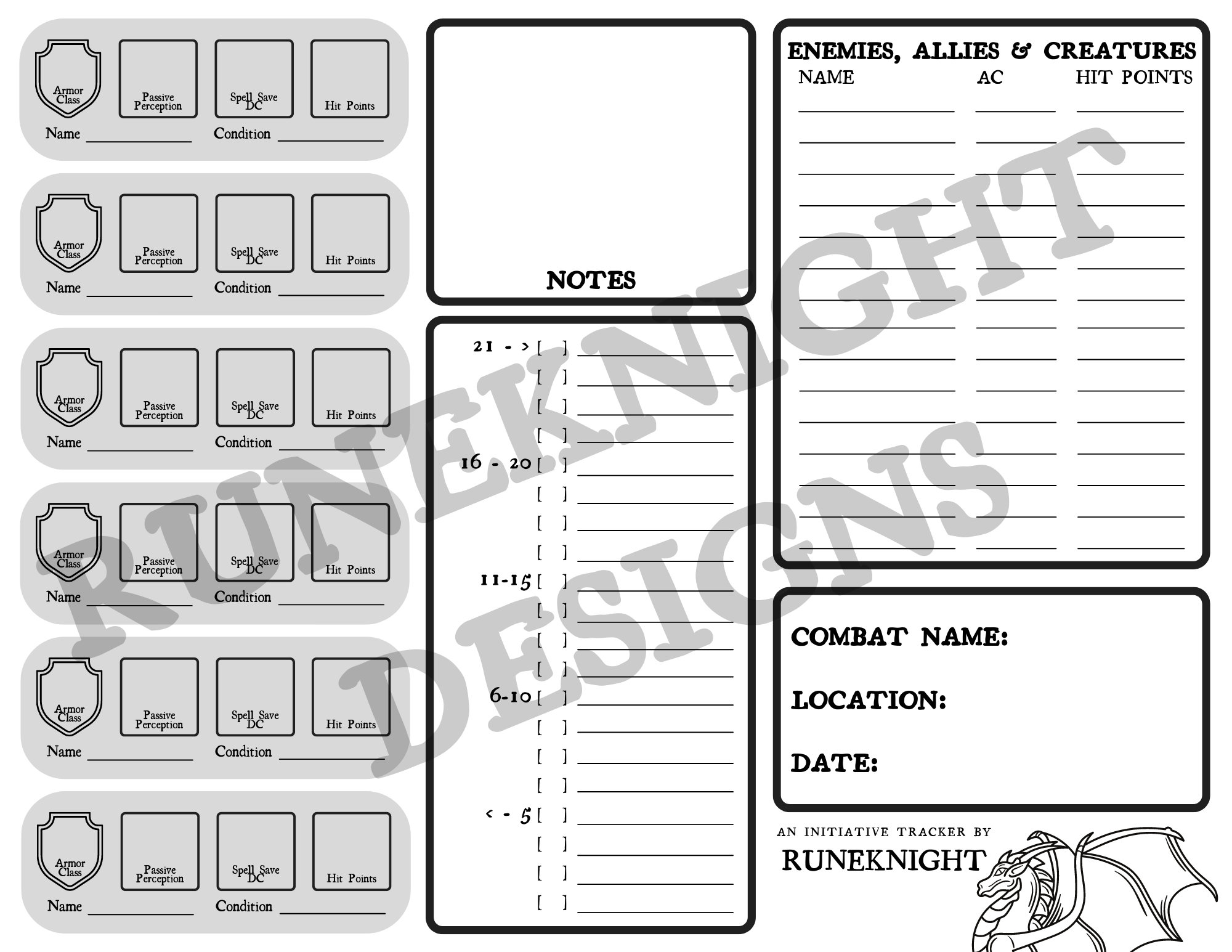 Printable Dnd 5e Initiative Tracker Dungeons U0026 Dragons Etsy