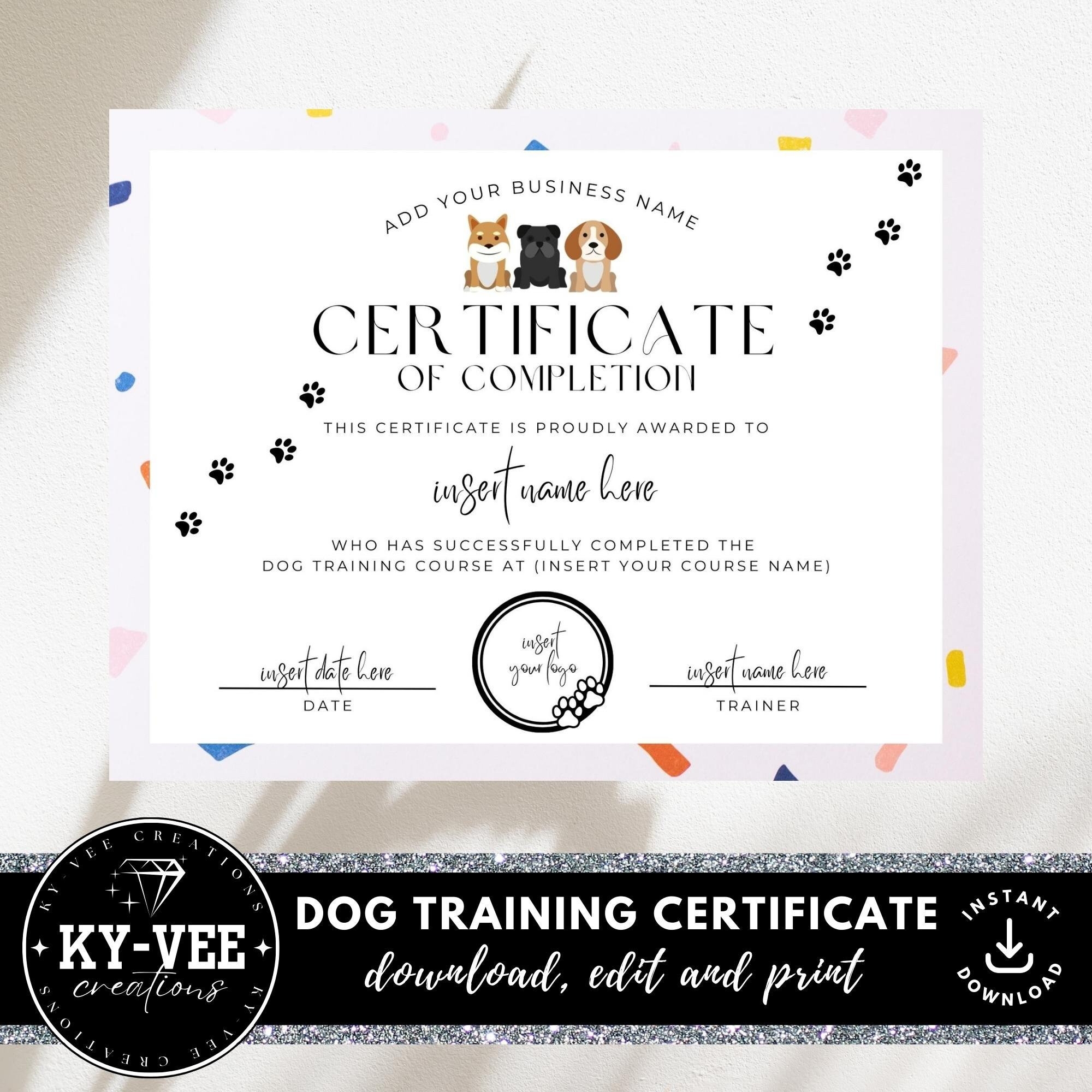 Printable Dog Training Certificate Template INSTANT DOWNLOAD 