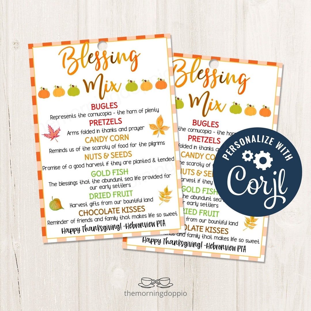 Printable editable Thanksgiving Blessing Mix Label Gift Tag Thanksgiving Favor Tag For Teachers Staff PTO Volunteers Nurses CORJL Template Etsy