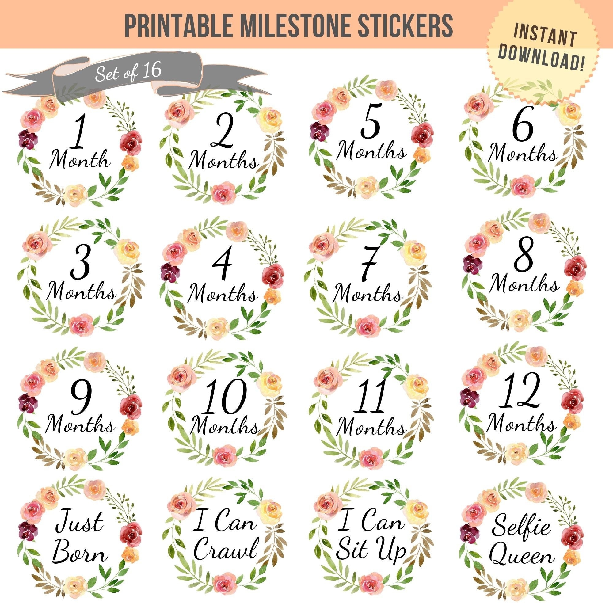 Printable Floral Wreath Baby Monthly Milestone Stickers Girl 