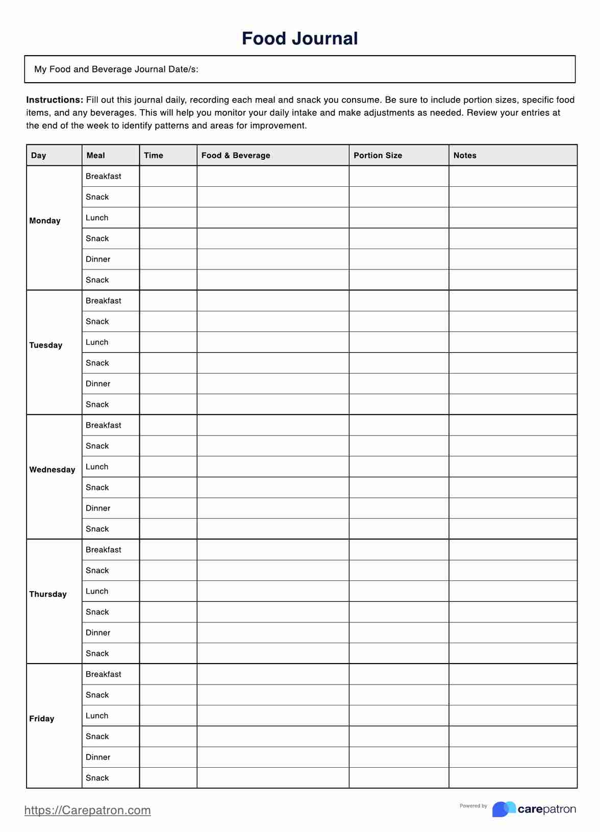 free printable food journal
