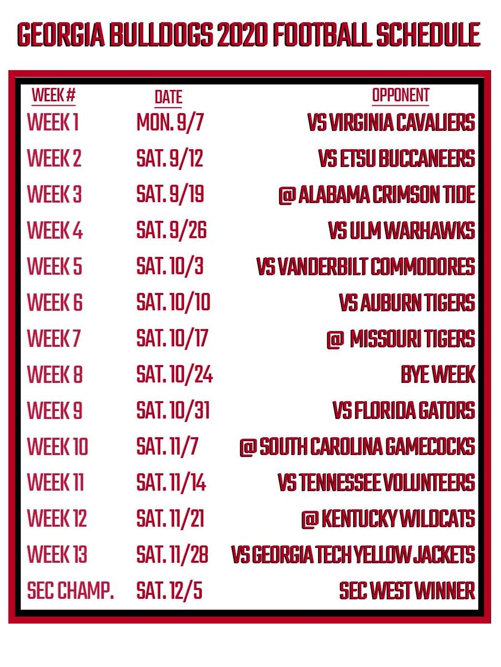 Printable Georgia Football Schedule 2020 FanDuel Research