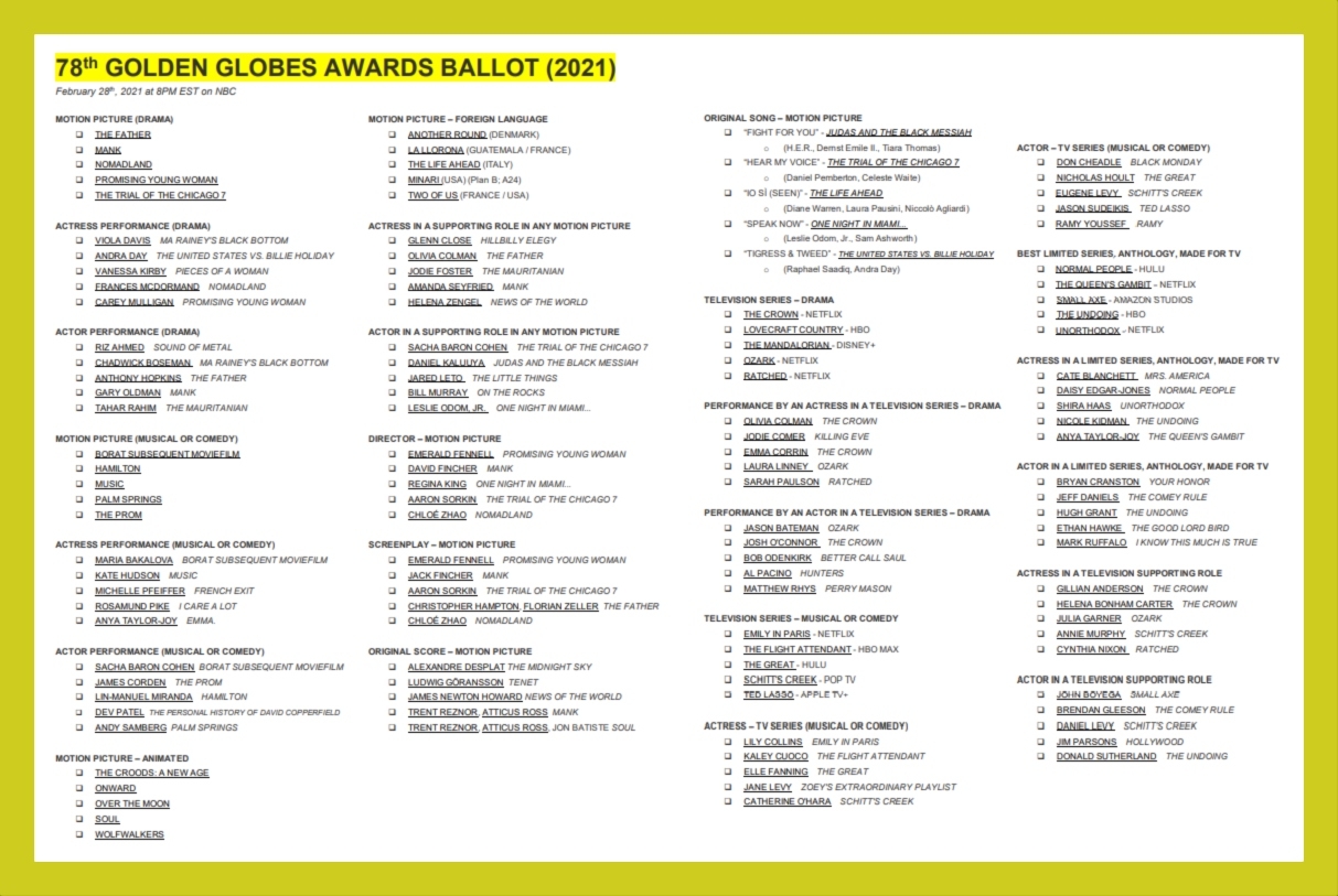 Printable Golden Globes Nominations Ballot For Your 2021 Golden Globes Awards Watch Party Printerfriendly