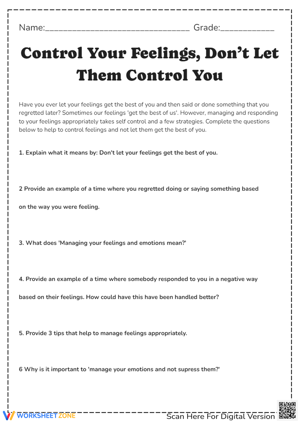 Printable Grade 5 Self Control Worksheets