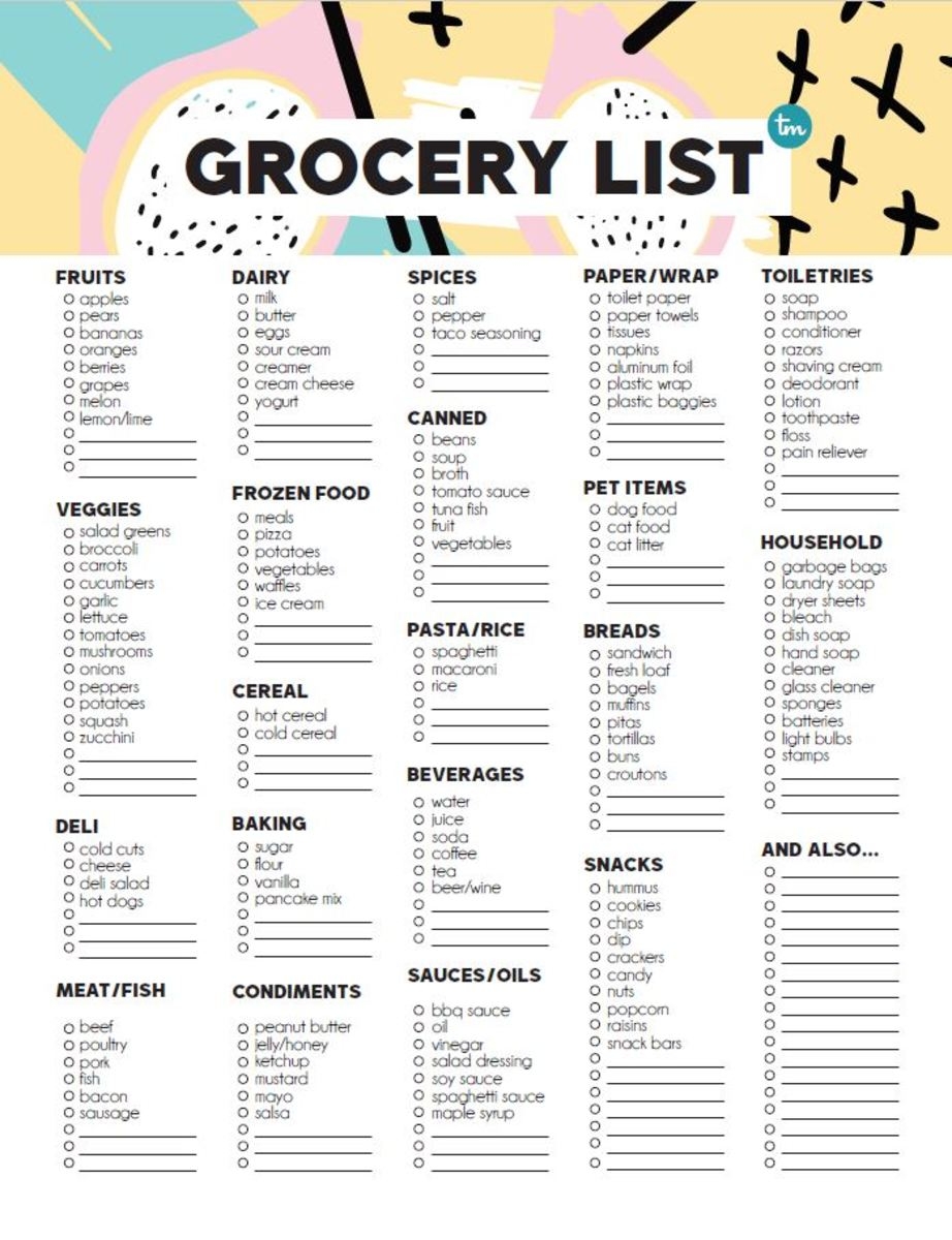 free printable grocery list by category