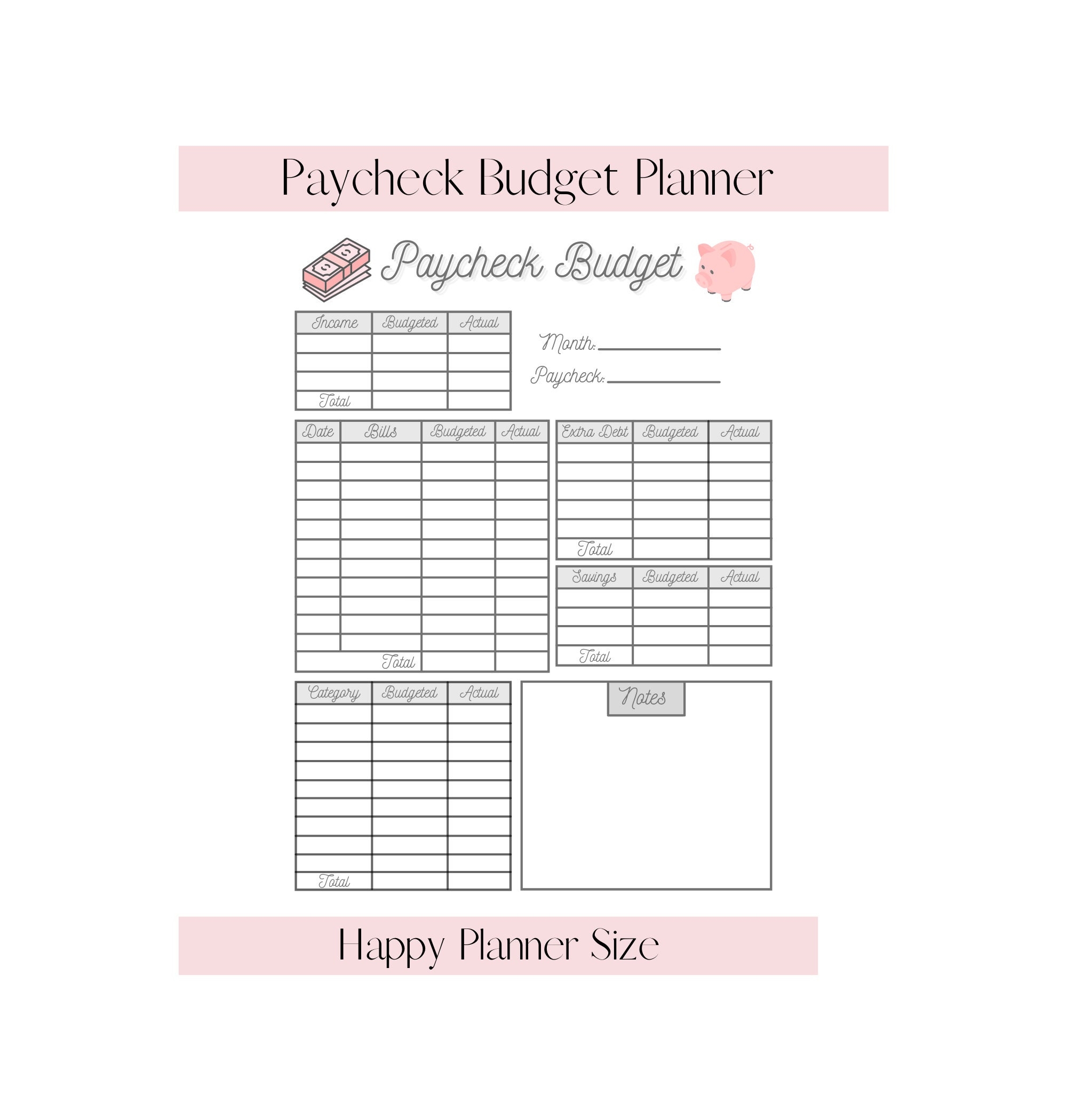 Printable Happy Planner Paycheck Budget Sheet Planner Tracker 