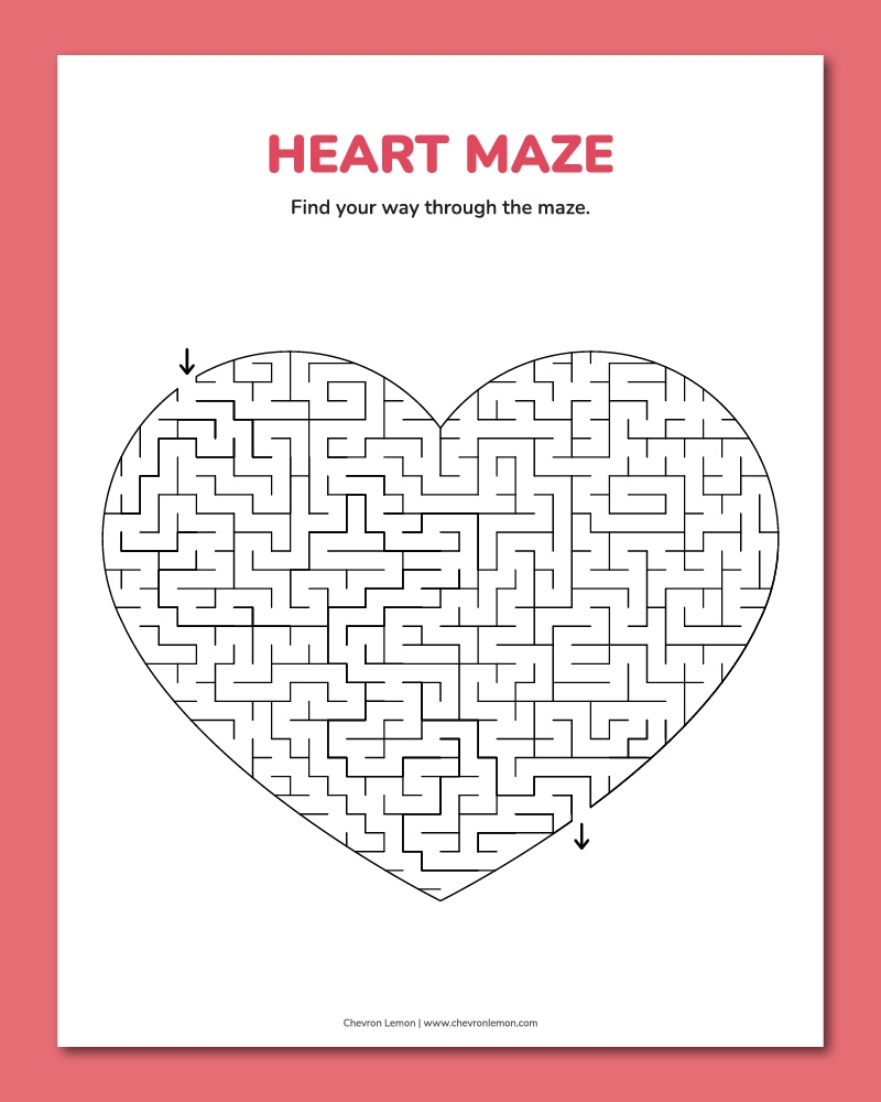 Printable Heart Maze Chevron Lemon