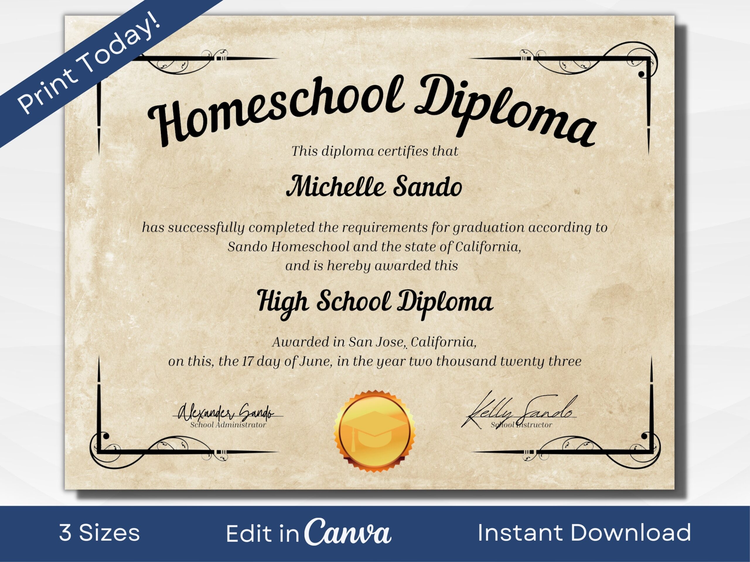 Printable Homeschool Diploma Template Editable High School 