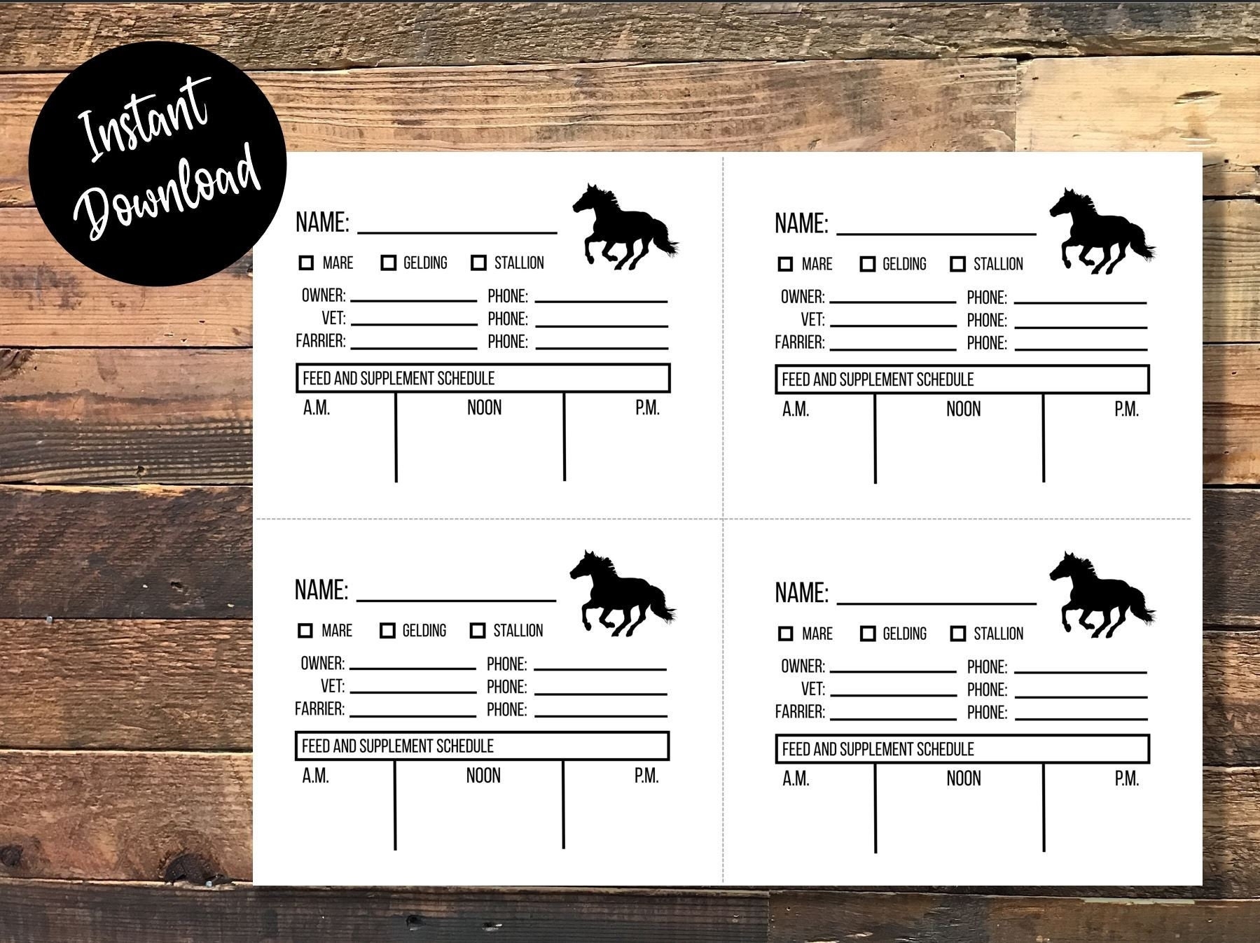 Printable Horse Stall Cards With Feed Schedule Horse Show Or Barn Cards Stable Cards With Feed Chart Digital Download
