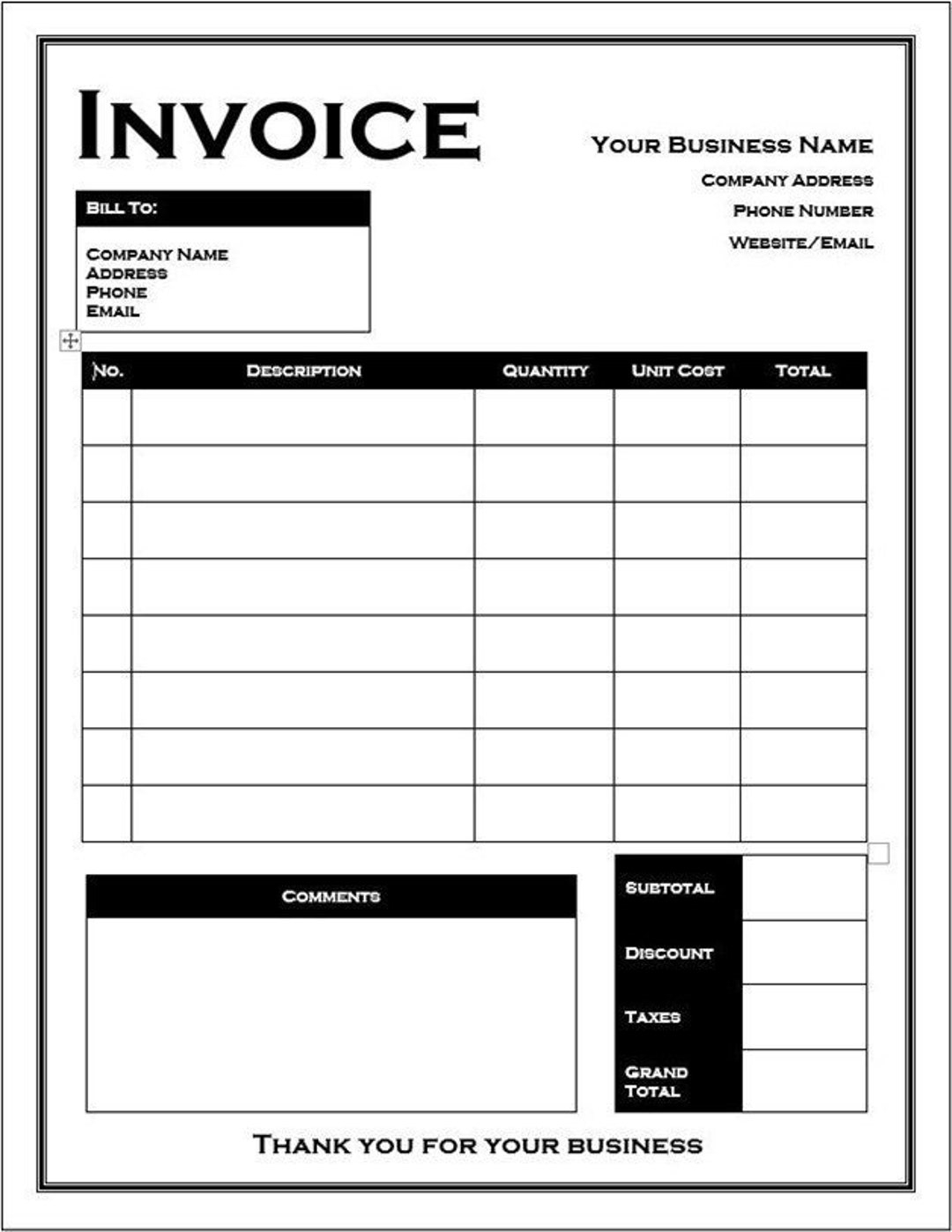 Printable Invoice Template Editable Microsoft Word Form digital Download Etsy