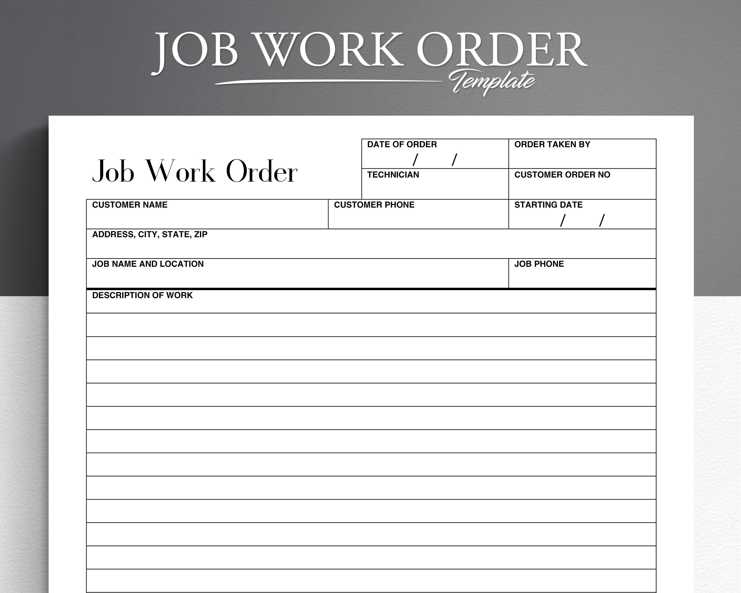 Printable Job Work Order Form Small Business Template US Letter 