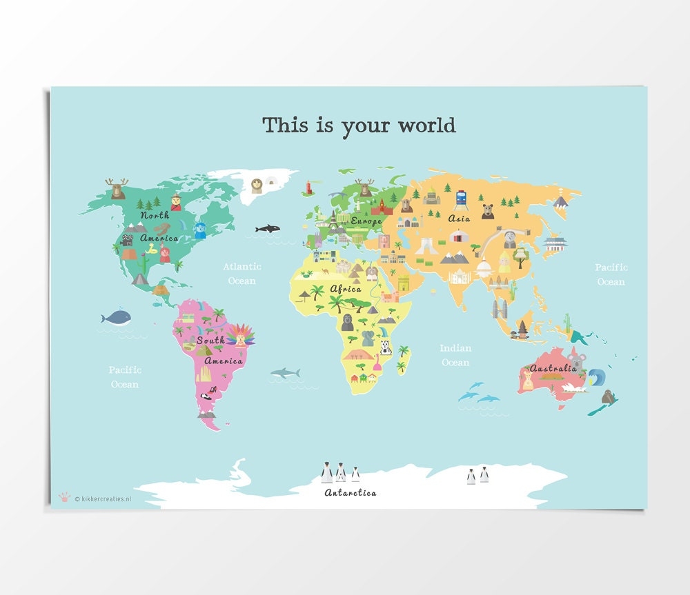 Printable Kids World Map Poster A3 11x14 In 24x36 In Nursery 