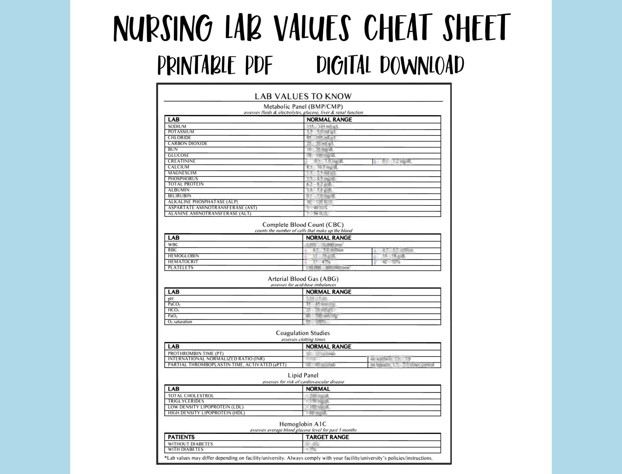 normal lab values chart printable