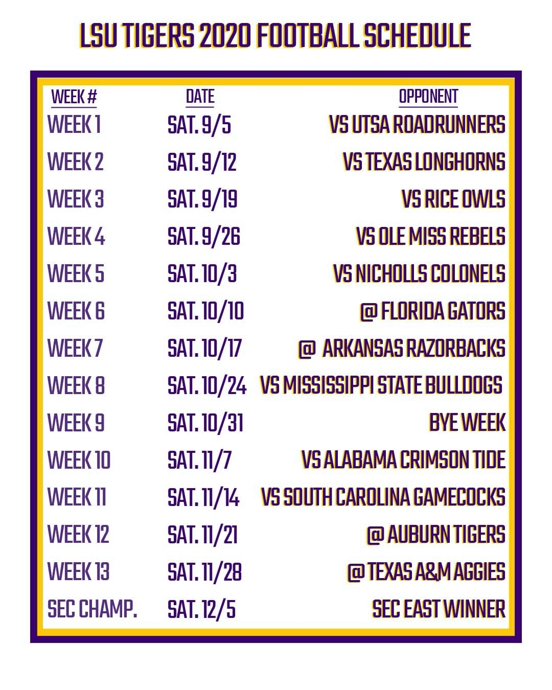 Printable LSU Football Schedule 2020 FanDuel Research