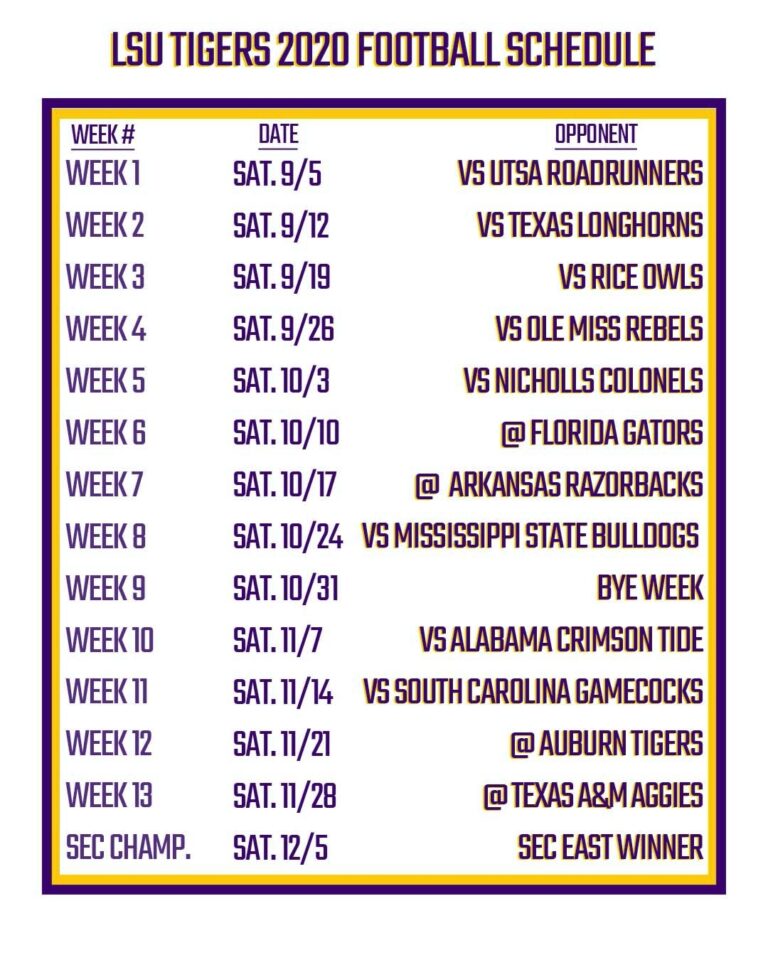 Printable LSU Football Schedule 2020 FanDuel Research